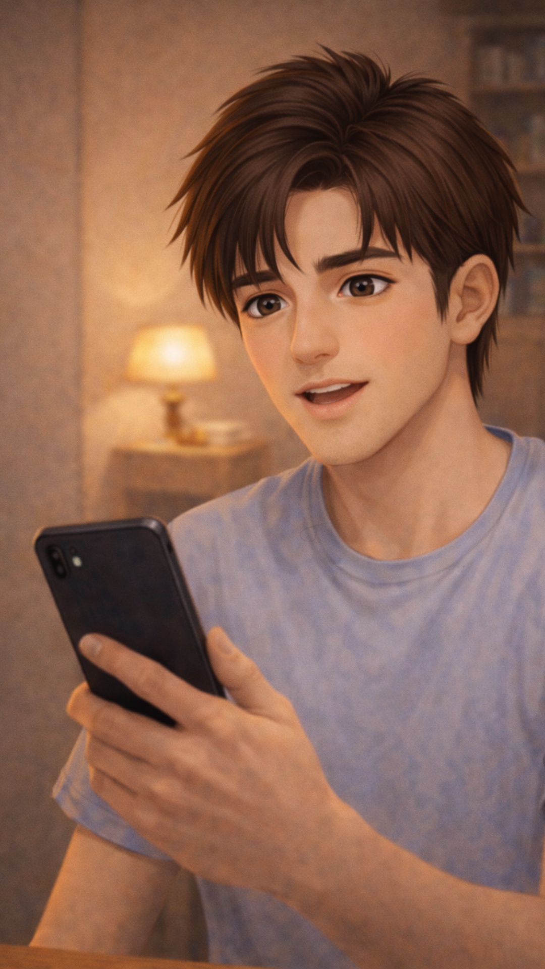 Young man standing in a cozy apartment, holding a phone in his hand and looking at the screen.
He...