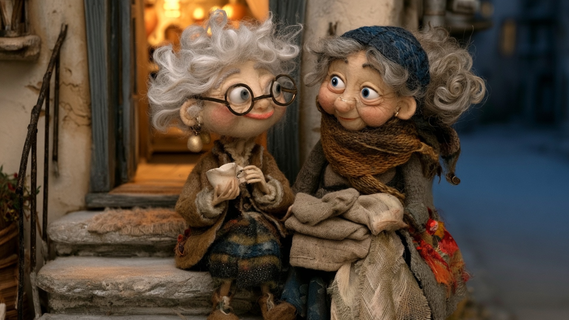 The two women continue their quiet evening moment from the exact pose. The woman with glasses tur...