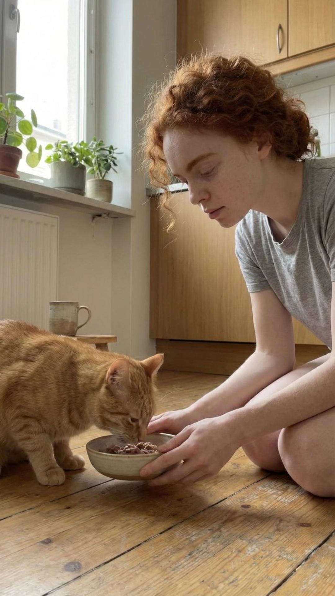 Duration: exactly 10 seconds.

A young woman kneels on a wooden kitchen floor, holding a bowl whi...