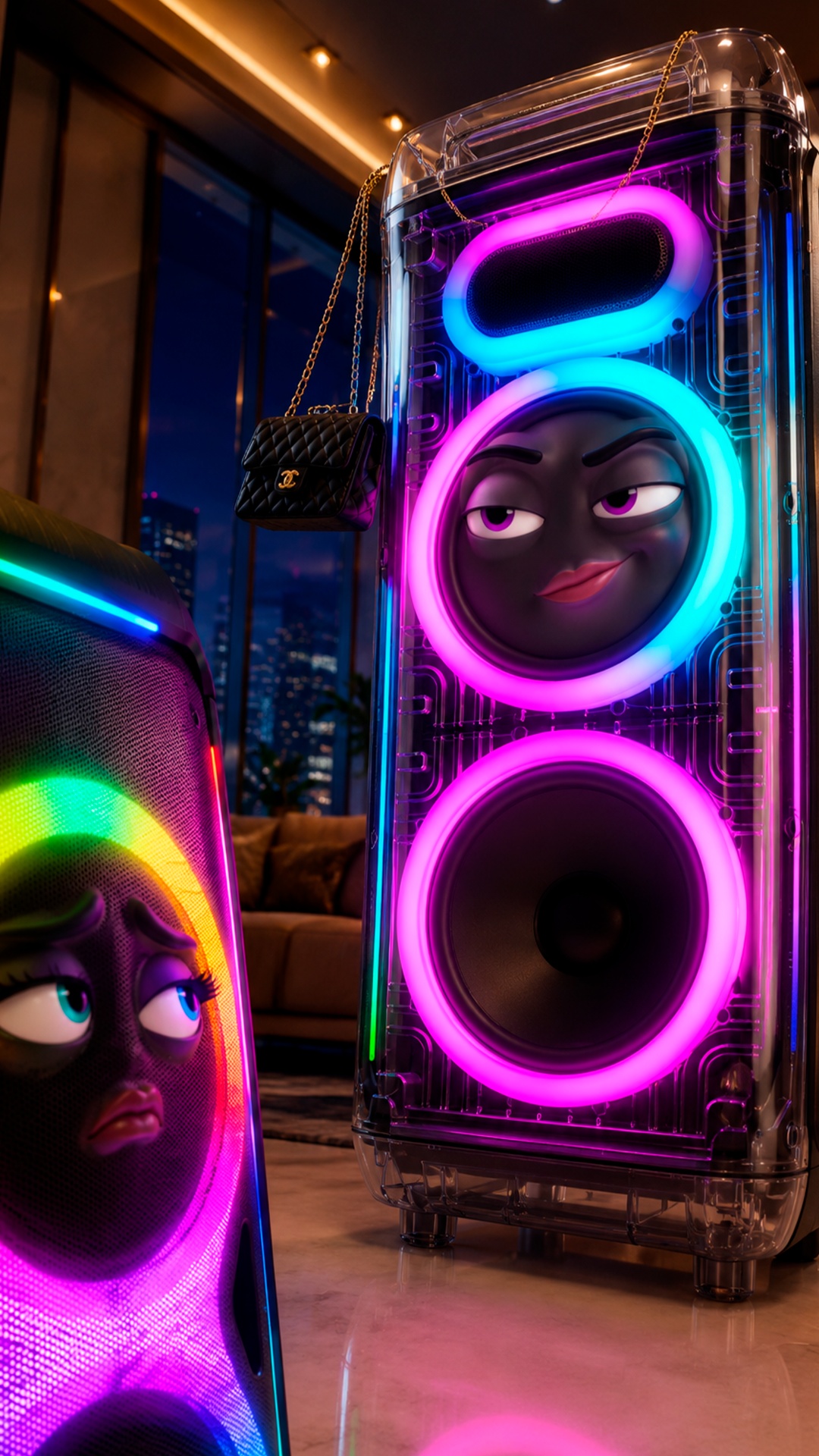 The transparent neon speaker on the right confidently stands up taller, smirks arrogantly and rol...
