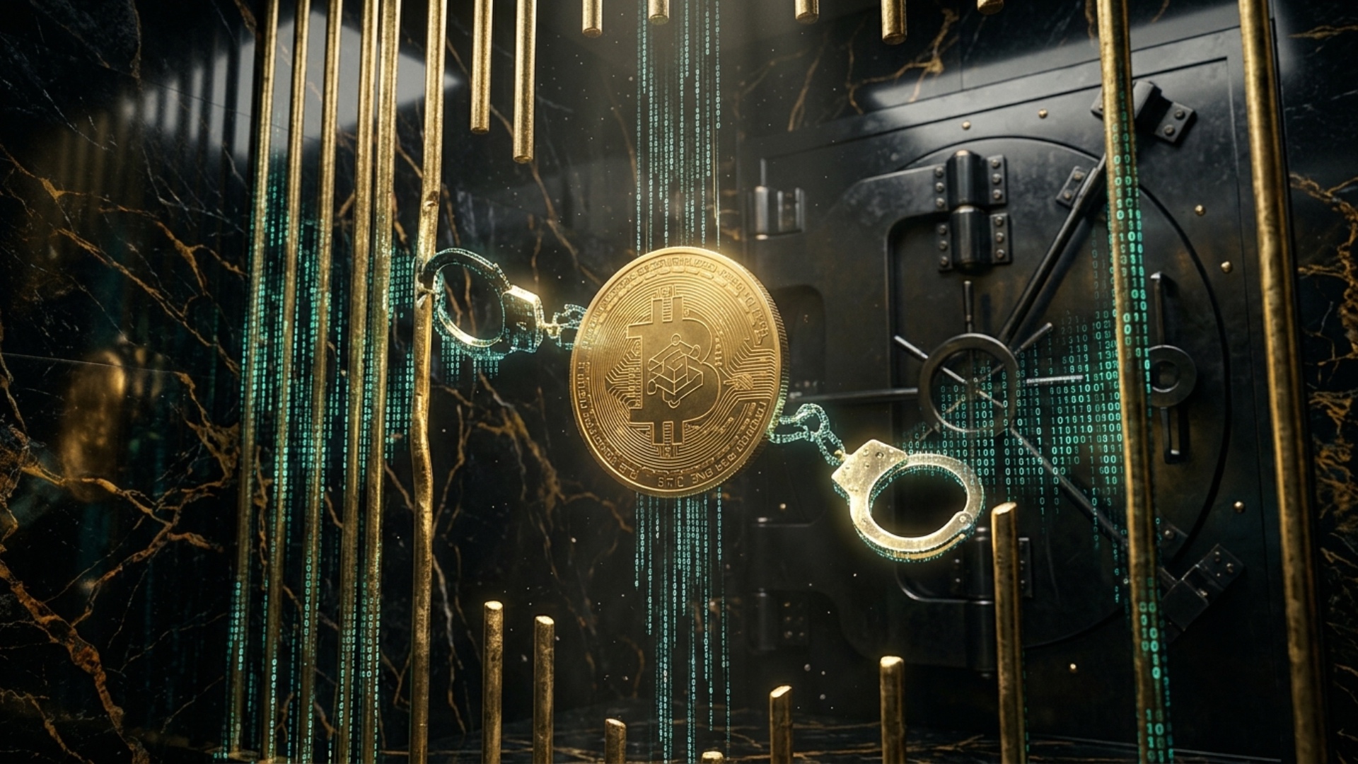 A floating golden cryptocurrency coin rotates slowly inside a luxurious black vault. Heavy golden...
