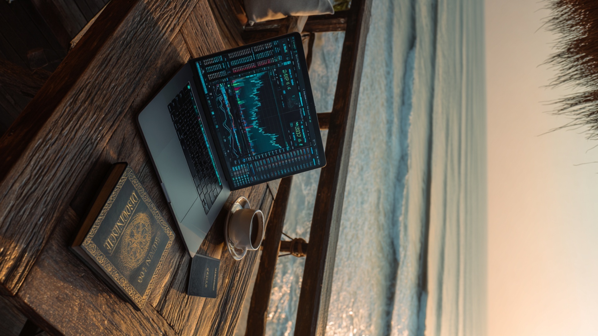 A cinematic flat lay scene by the ocean: on a rustic wooden table sits an open laptop showing glo...