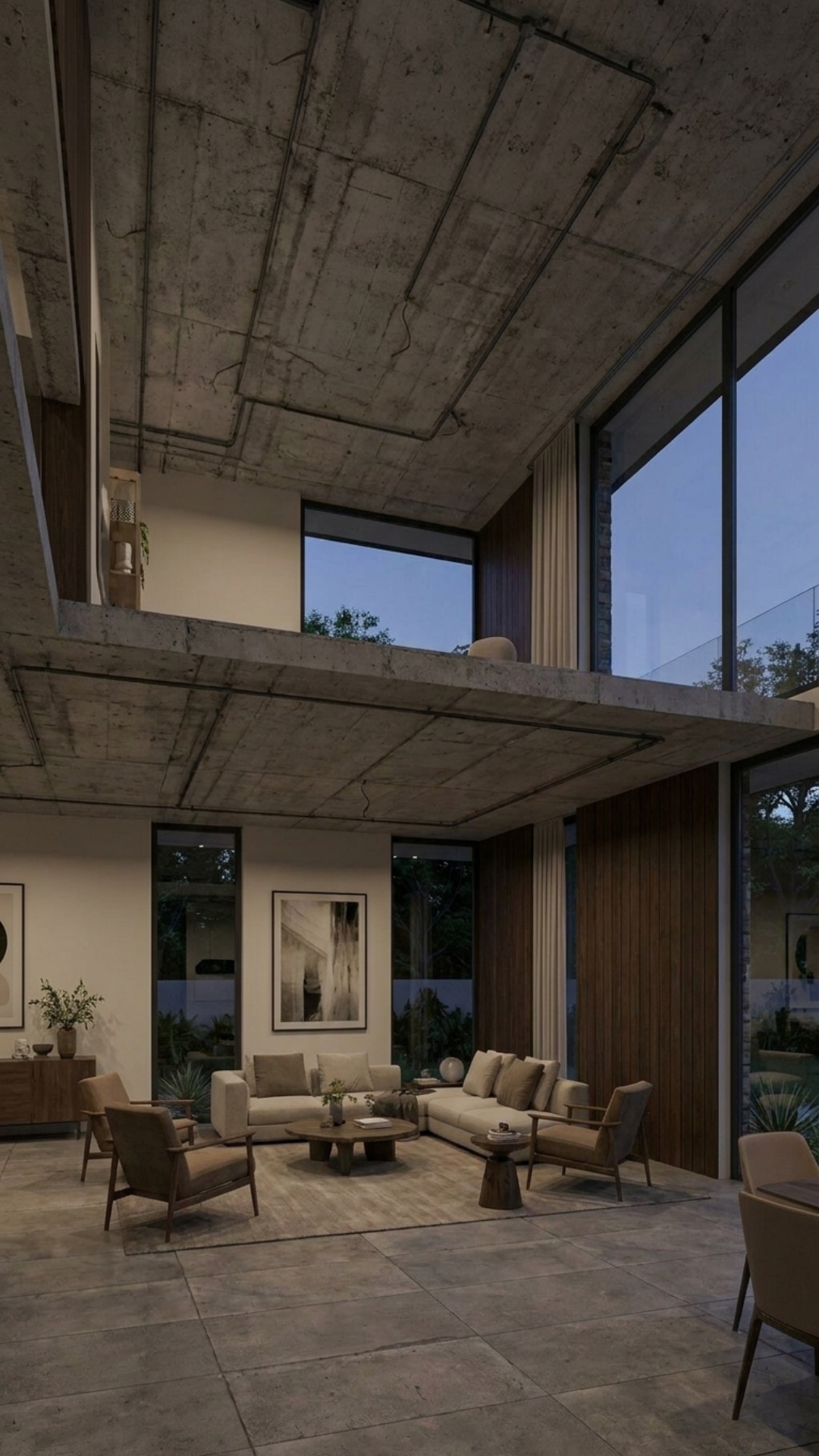Cinematic transition inside the same luxury living room from a static unfinished interior with ra...