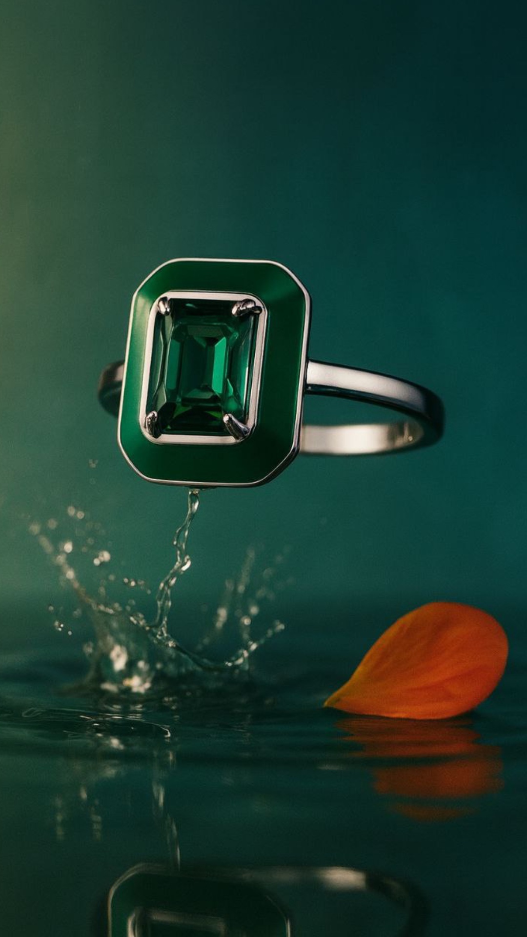 Editorial-style slow motion video of a luxurious silver ring with a bold emerald-cut green gemsto...