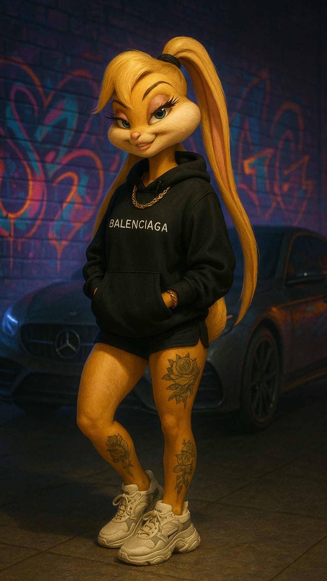 A cinematic slow-motion video of a stylish anthropomorphic Lola Bunny standing confidently in fro...
