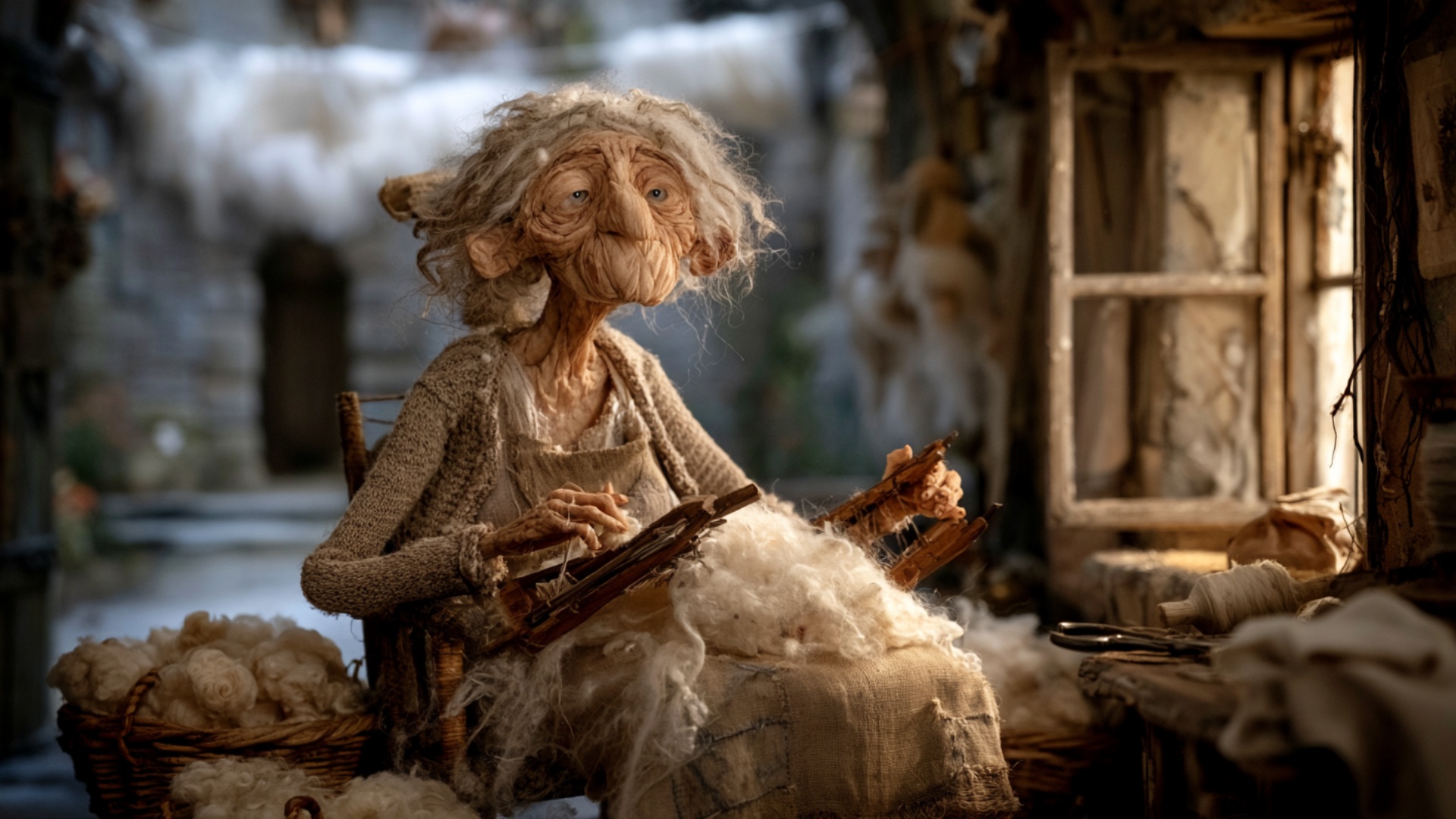 The elderly woman brings the two wooden hand carders together through the wool on her lap and pul...