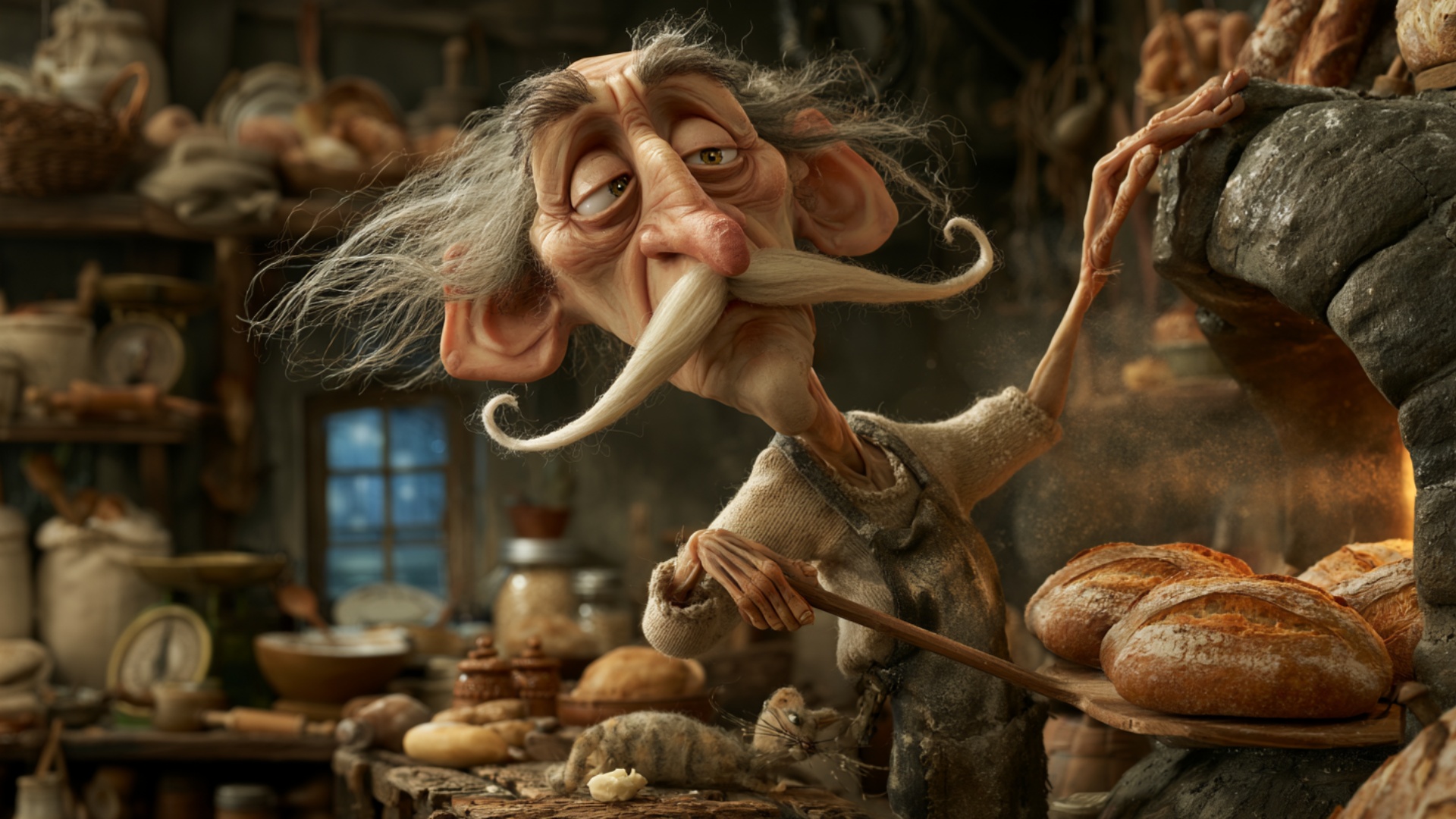 The elderly night baker uses the long wooden peel to pull a fresh steaming loaf out of the glowin...