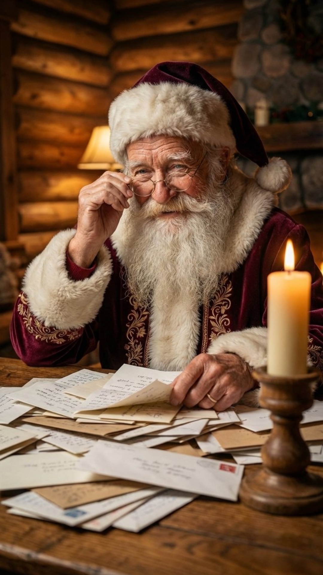 Cinematic shot. An ultra-realistic Santa Claus sitting at a heavy wooden desk in a cozy log cabin...