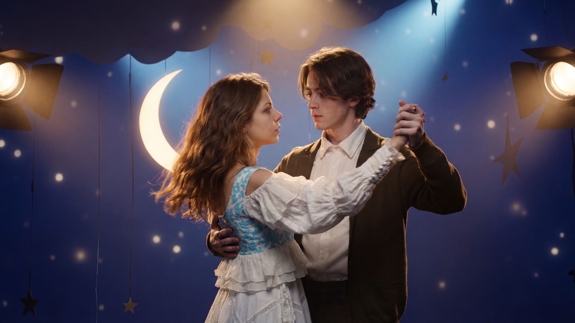 Shot: medium-wide, stage waltz, frontal angle, camera at eye level
Camera: smooth orbit right 30 ...