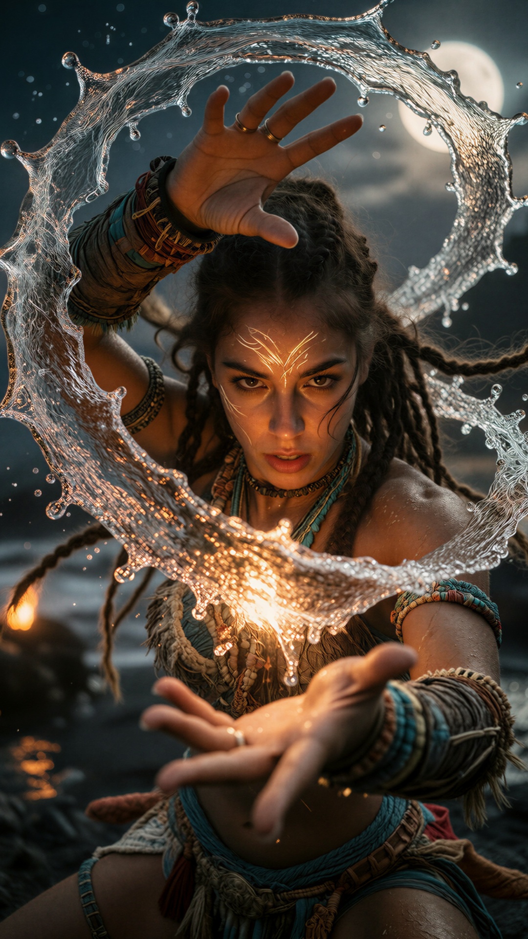 A powerful water mage slowly moves both hands apart. 
The ring of water spins around her, with fl...