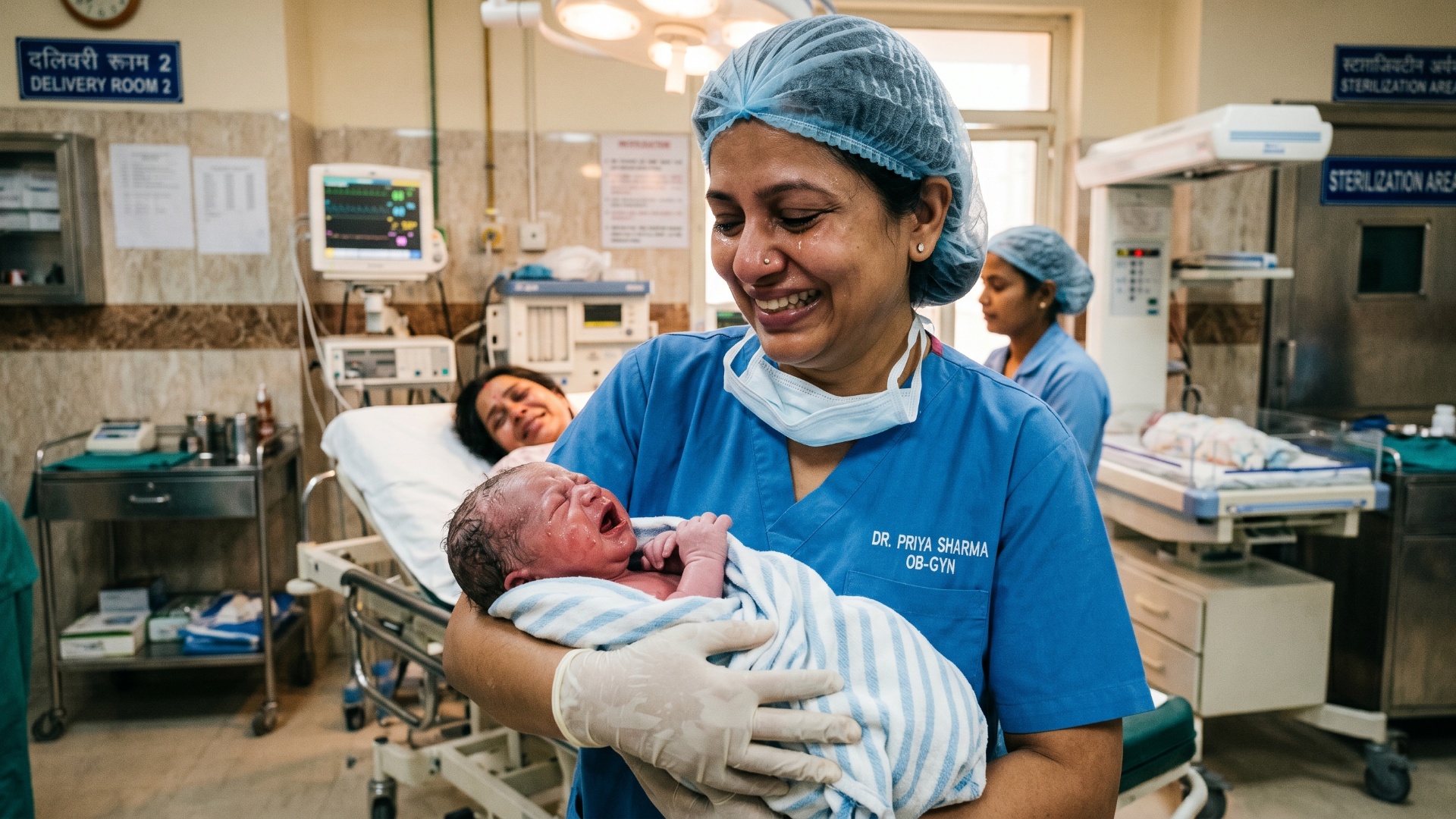 Doctor carefully holding crying newborn baby after delivery, emotional first cry moment, realisti...