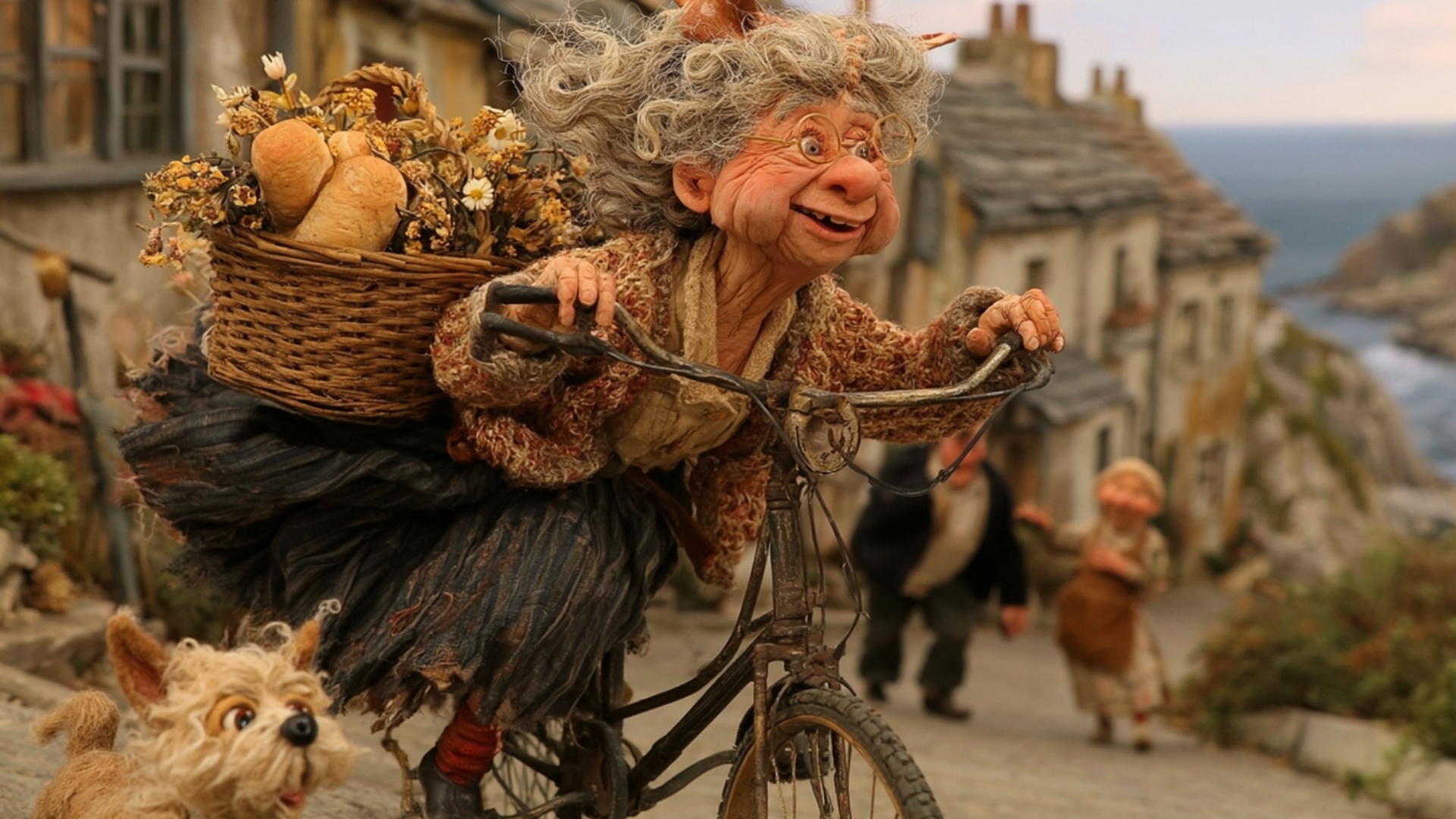 The woman pedals the old bicycle slowly downhill toward the sea, wheels turning naturally and the...