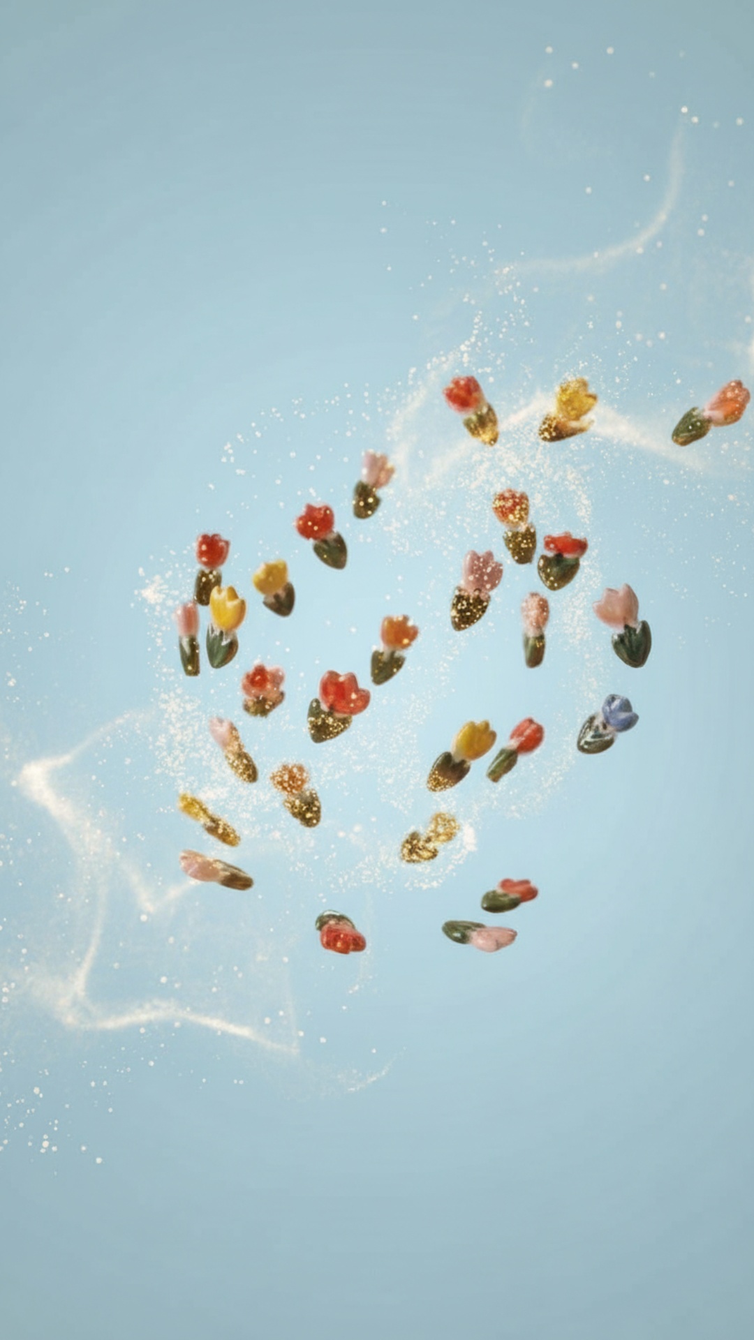 Smooth magical morphing transition: flying realistic tulips gradually simplify, flatten, and tran...