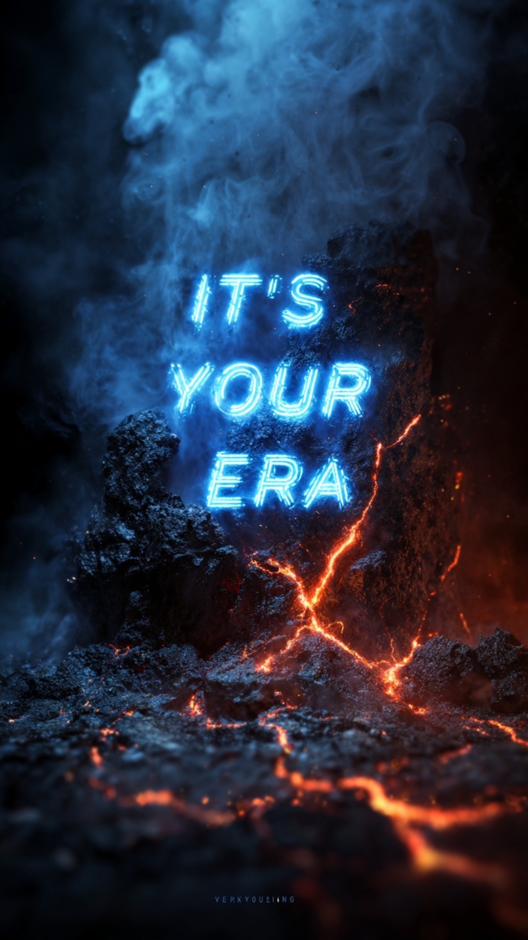 Epic cinematic scene of a massive dark rock cracking open, glowing blue neon light emerging from ...