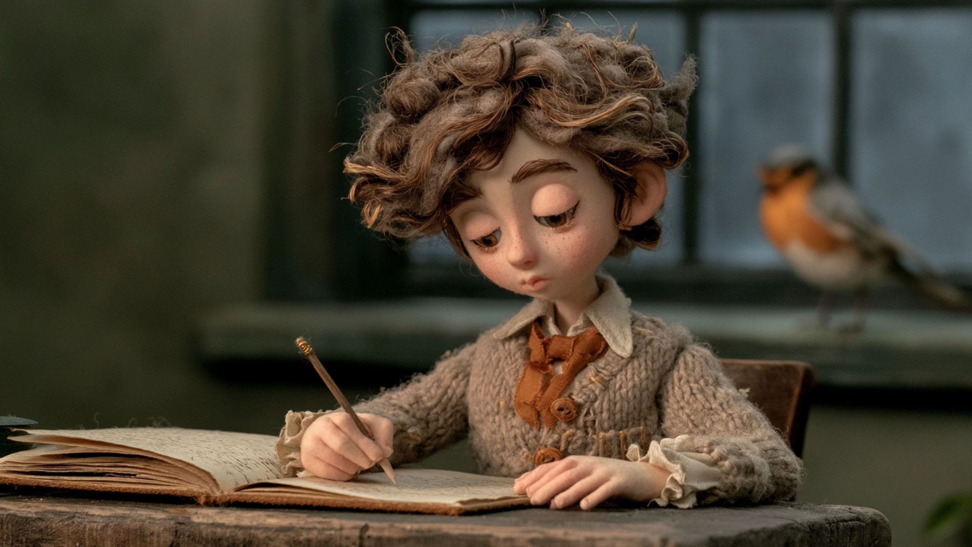 Begin exactly from the provided image. The child starts focused on the existing notebook, making ...
