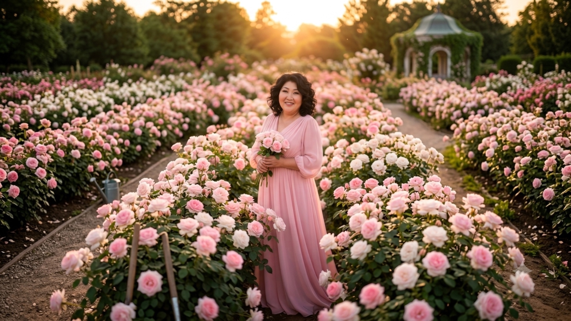 ⁠Photorealistic, 8k resolution, slow motion. The beautiful woman wearing a pink dress is holding ...