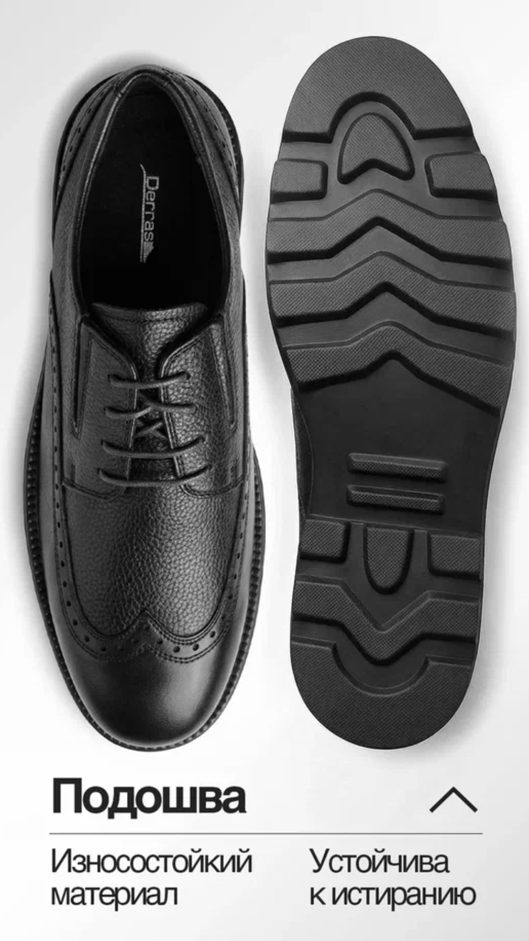 Extreme close-up of the dark black grain leather brogue shoe from the image. Camera slowly moves ...