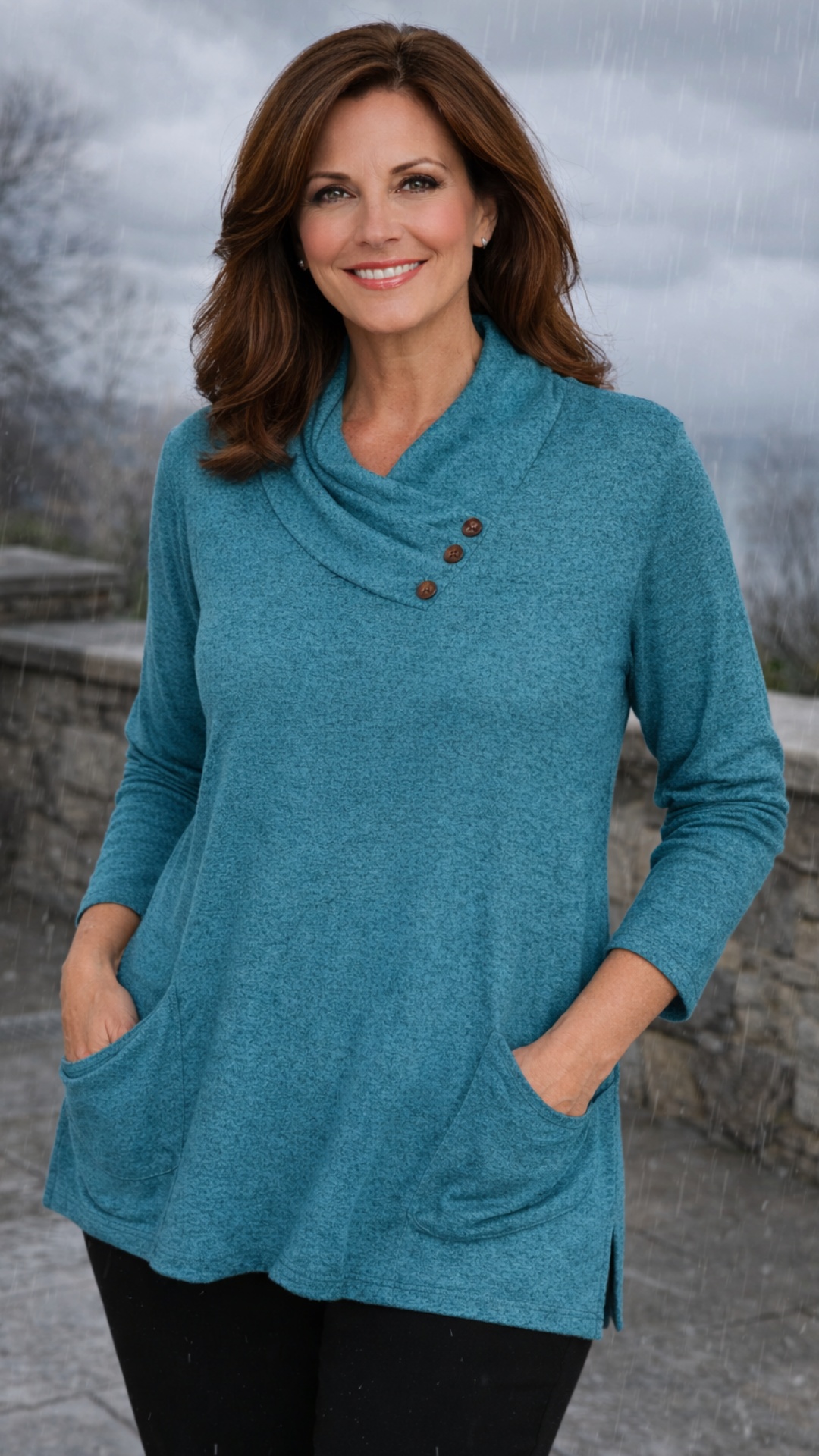 age model five years.  ppplaceut model standing back engaging with a small crowd not looking at c...