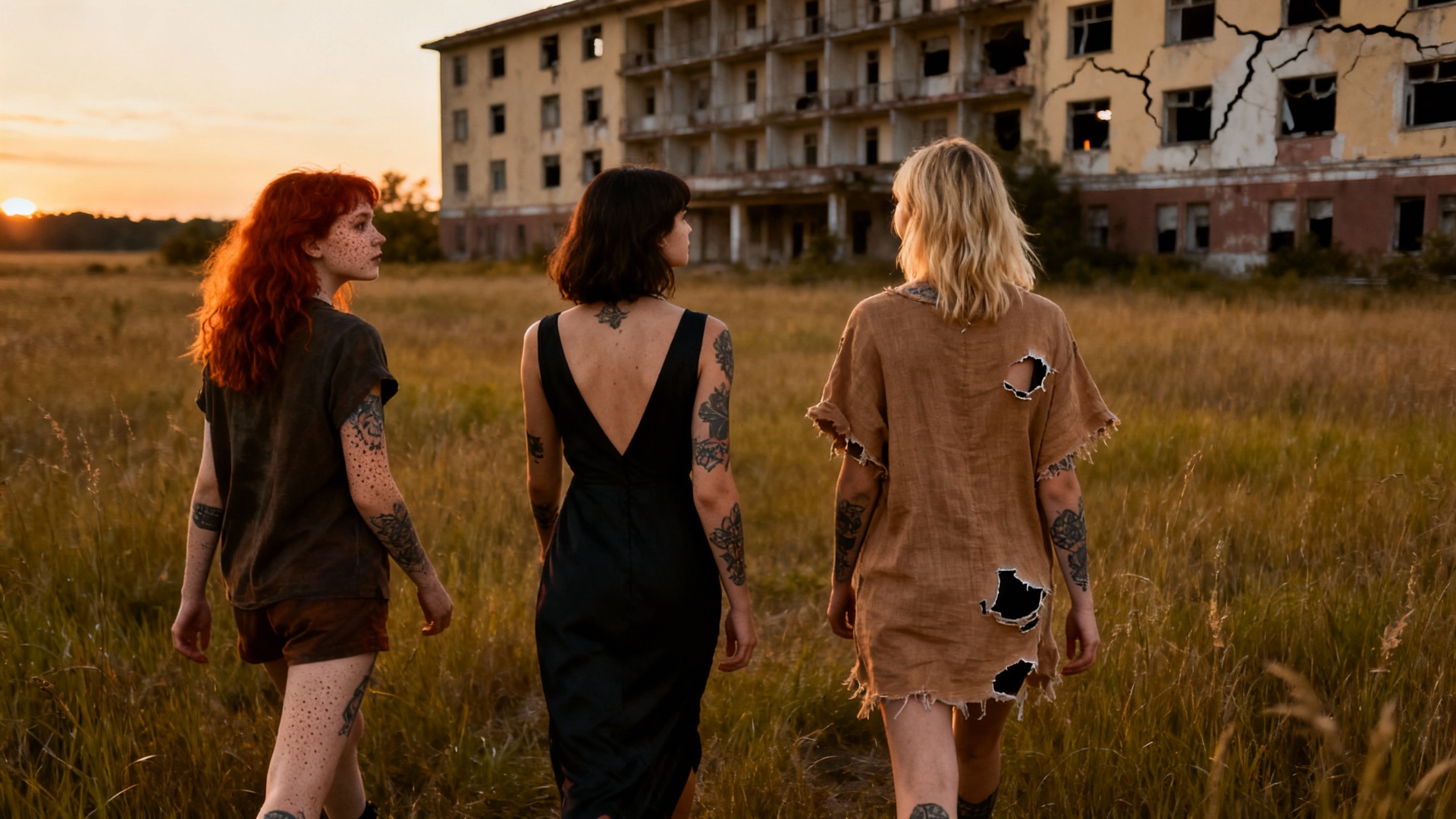 Trois jeunes femmes se rapprochent de l'hôtel désaffecté. La caméra passe de derrière elle à deva...