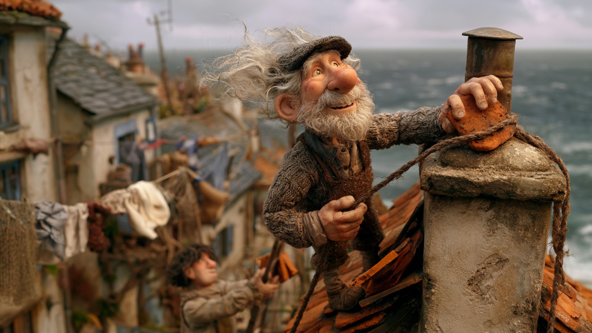 The man on the roof carefully presses the loose roof tile into place, pulls the rope tighter with...