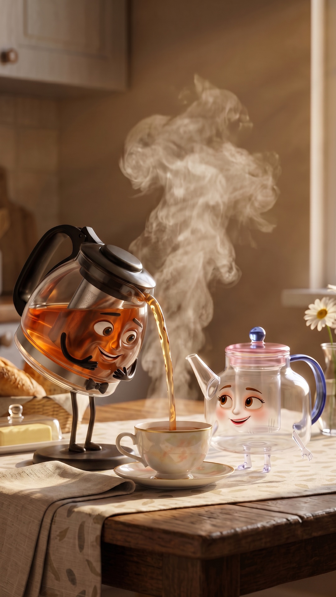 The husband teapot carefully pours hot tea into the cup in a cozy warm kitchen during early morni...