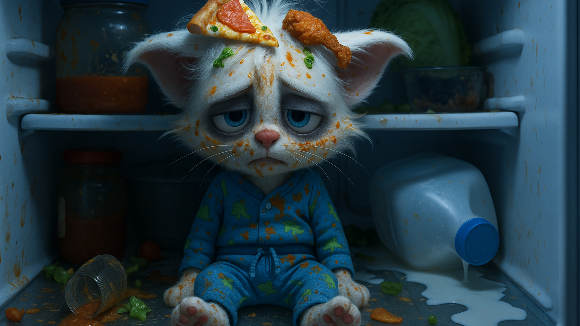 zoom in on anthro white kitten defeated in the messy fridge as he puts his hand on his head tryin...