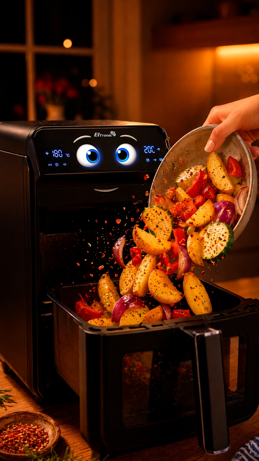Vertical 9:16 video.

Potato wedges and vegetables fall into the upper drawer.

Seasoning par...