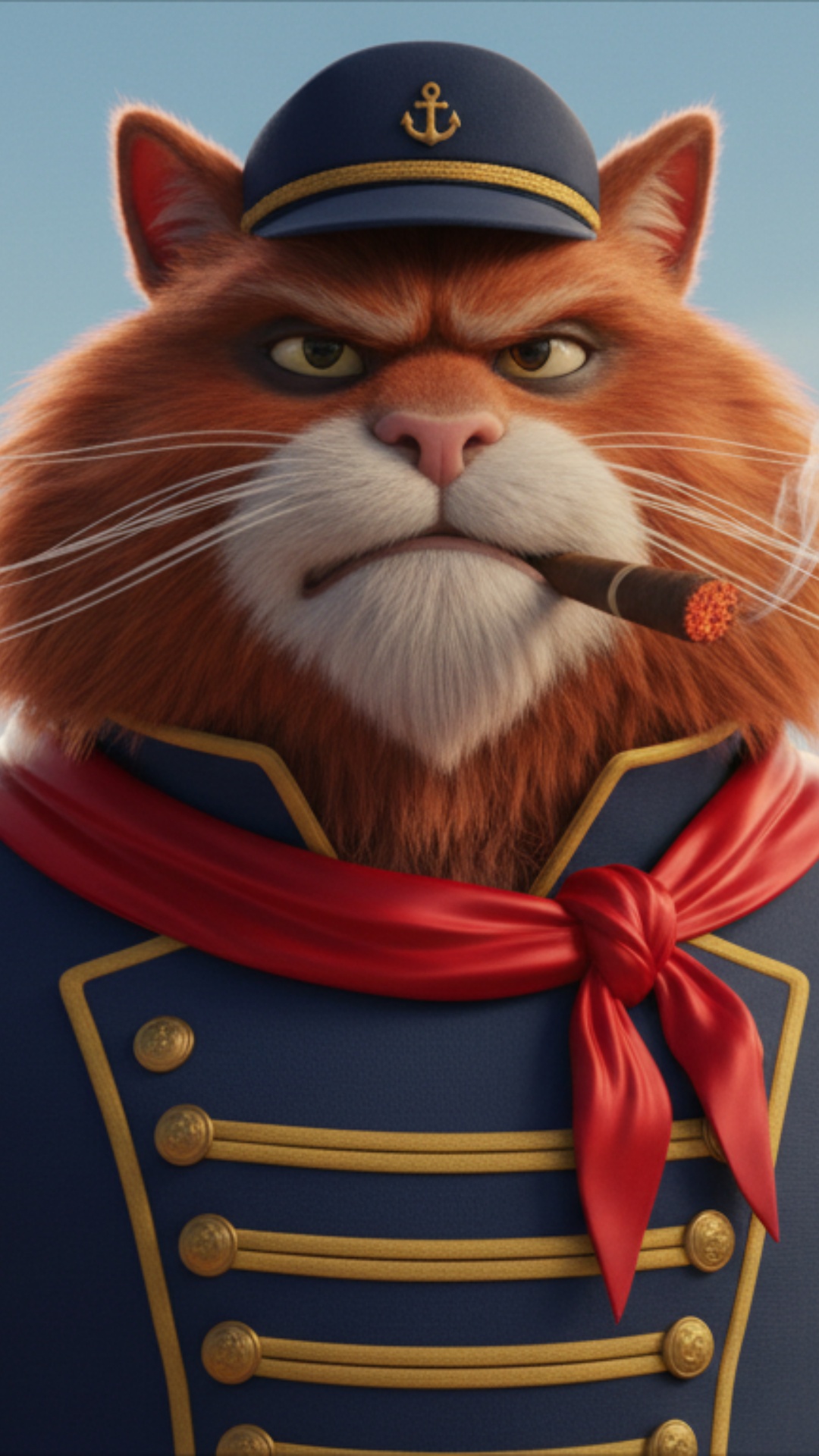 3D Pixar style. An anthropomorphic elderly male cat with thick, long red-brown fur and lush sideb...