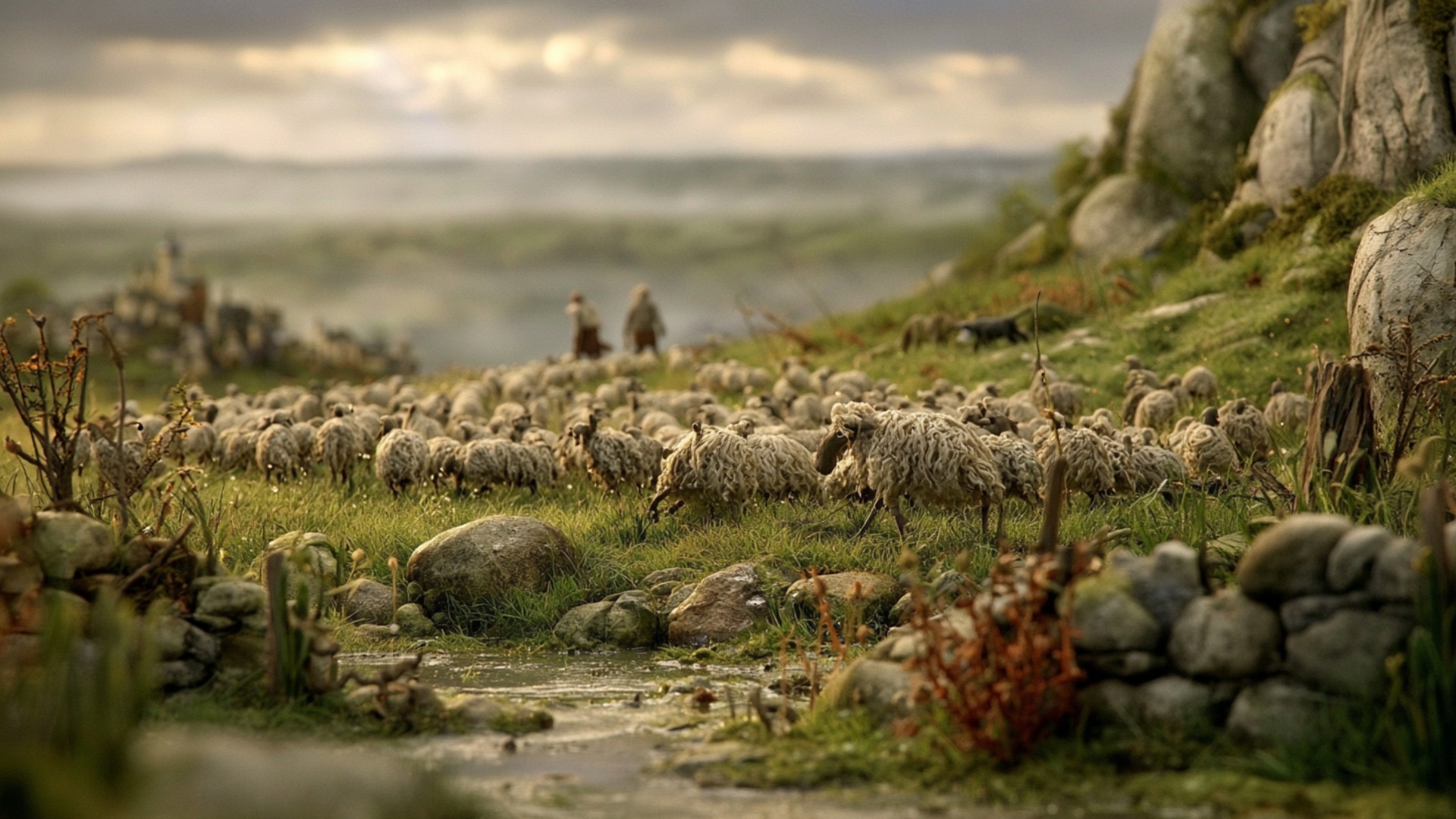The flock moves steadily across the hillside, several sheep in the foreground crossing around the...