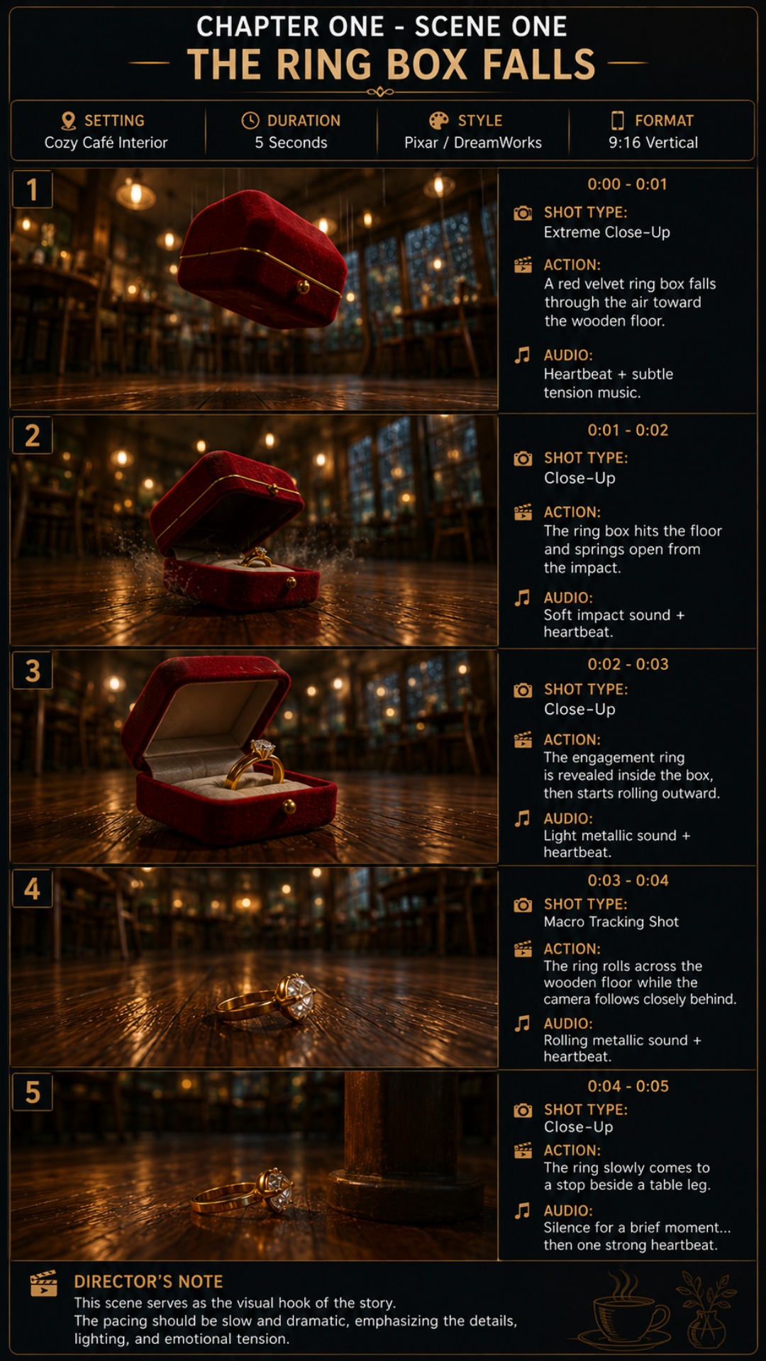 A dramatic cinematic slow-motion shot inside a warm cozy coffee shop. A red velvet ring box falls...