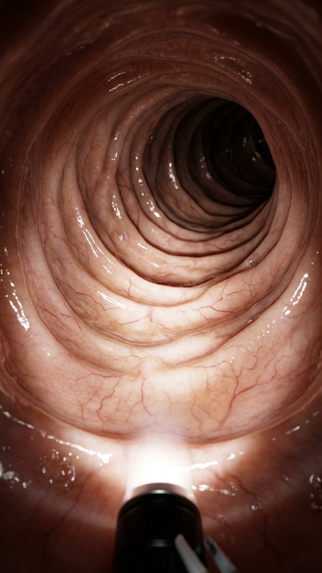 Hyperrealistic 3D medical animation, endoscope camera slowly moving forward through human colon i...