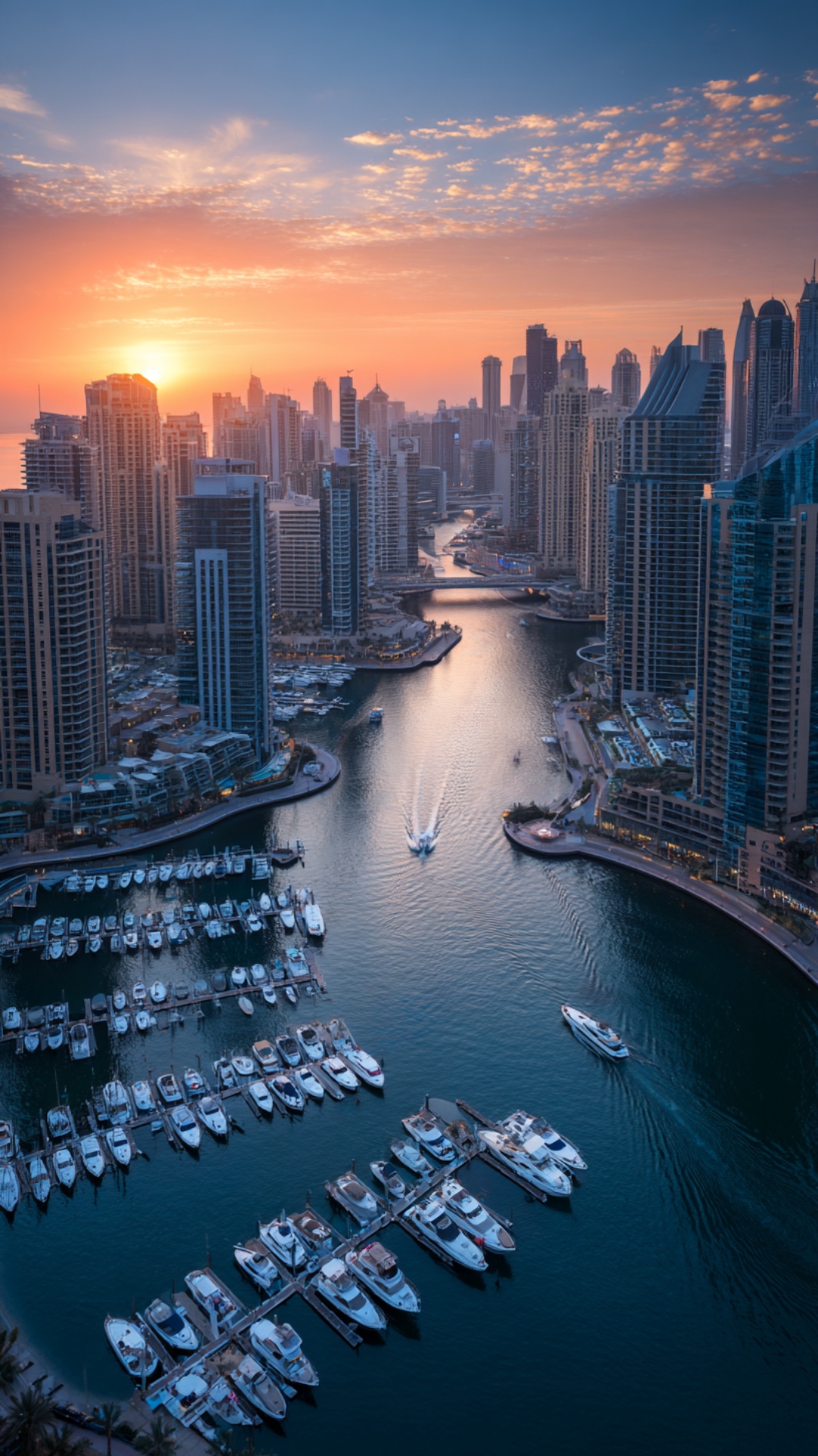 Cinematic aerial shot of Dubai Marina at sunset, yachts slowly moving in the harbor, water reflec...