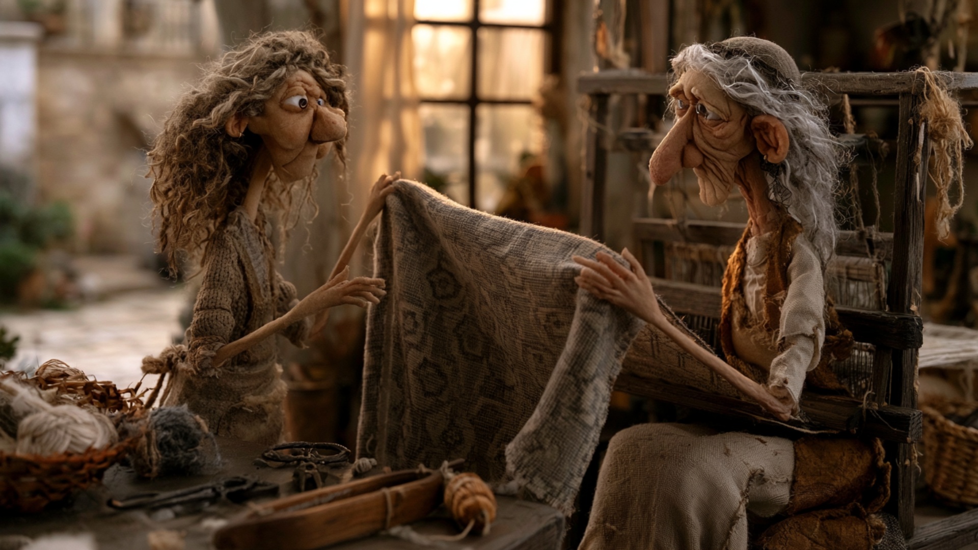 Both women lift the woven cloth and spread it wider between them, revealing more of the handmade ...