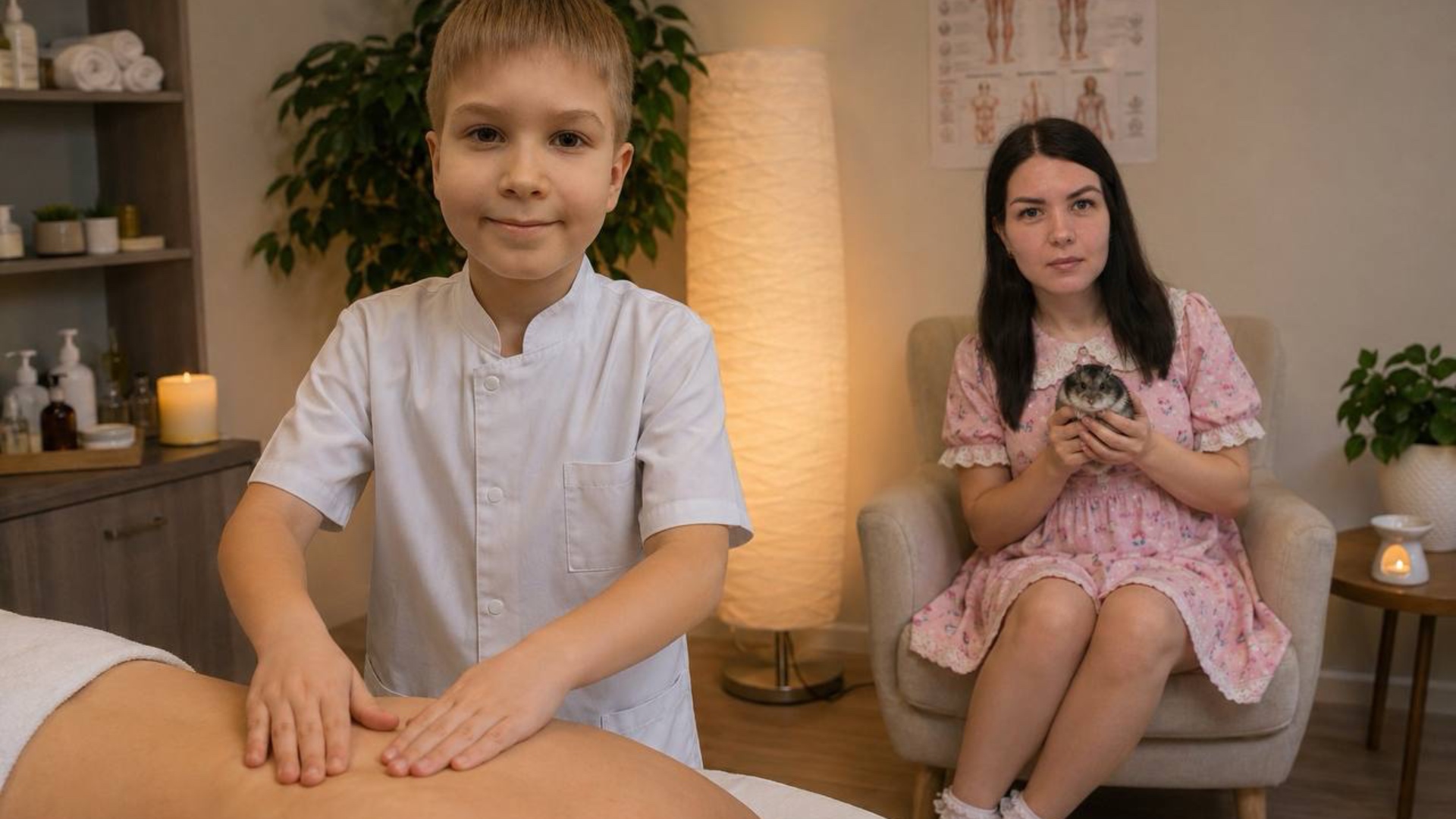{
  "style":"realistic cinematic live-action",
  "scene":"cozy massage therapy room",
  "camera":...