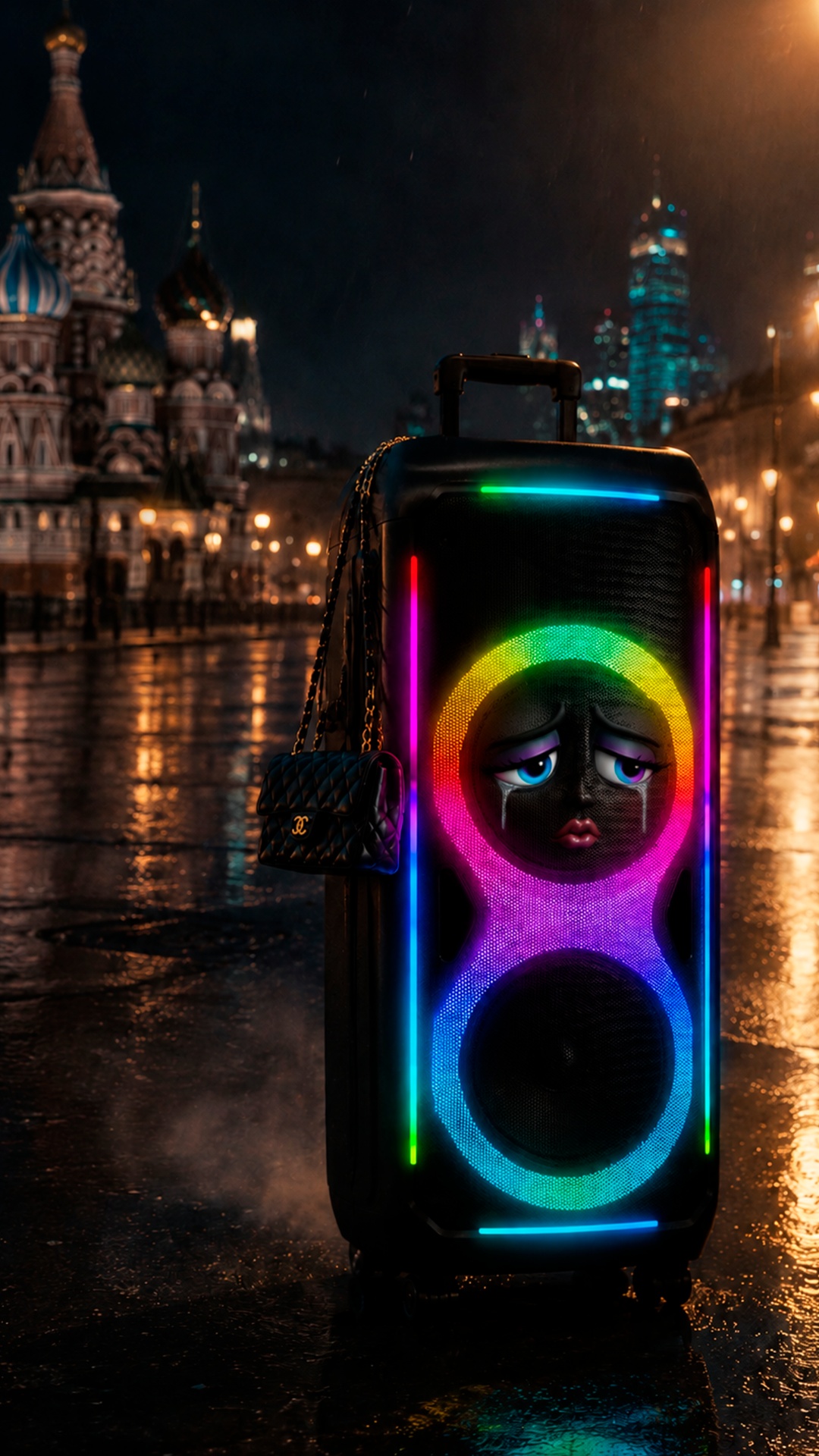 The tall black speaker with rainbow LED rings slowly rolls alone through rainy night Moscow stree...