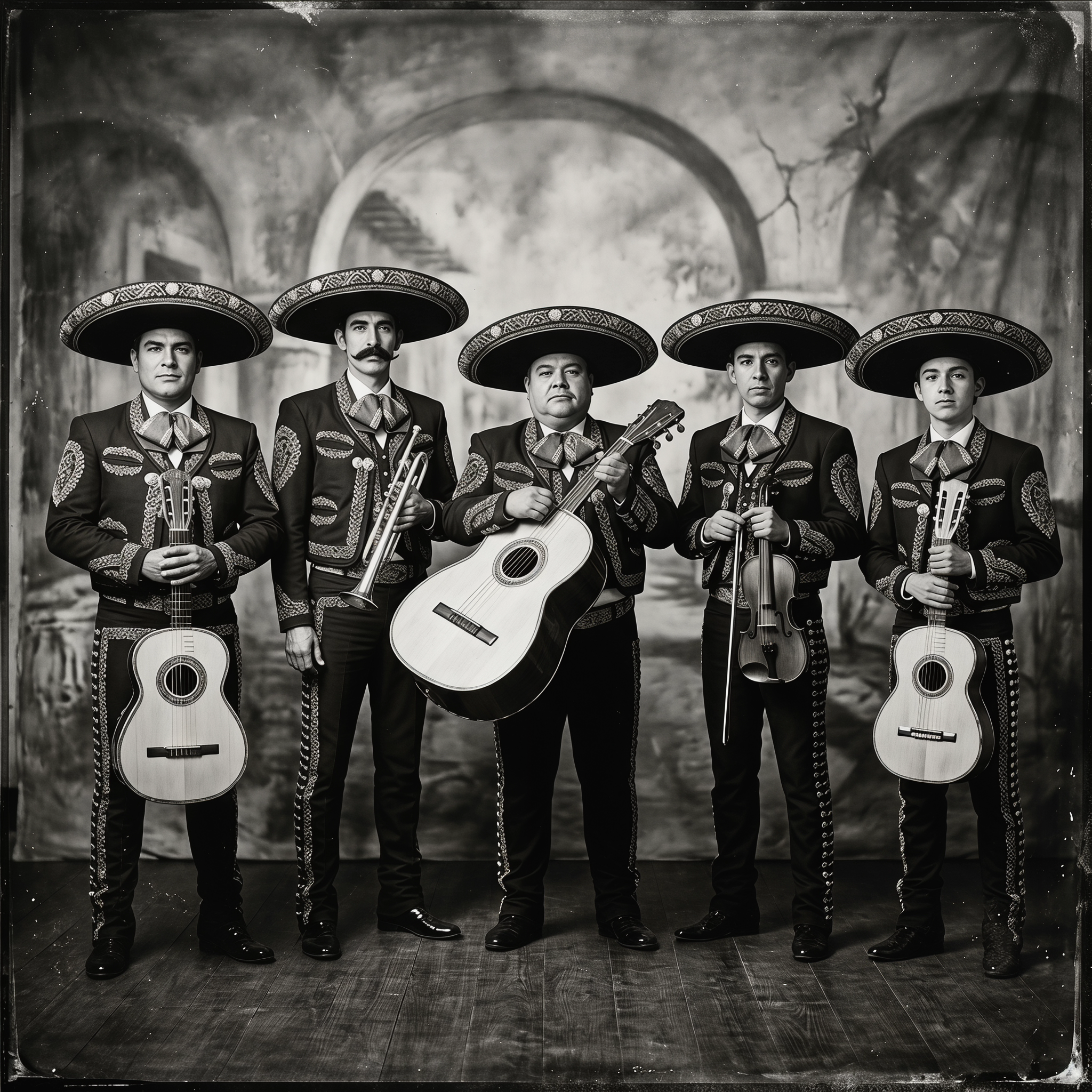 Medium wide shot, 1920s slapstick style. The guitarrón player accidentally steps on the flowing c...