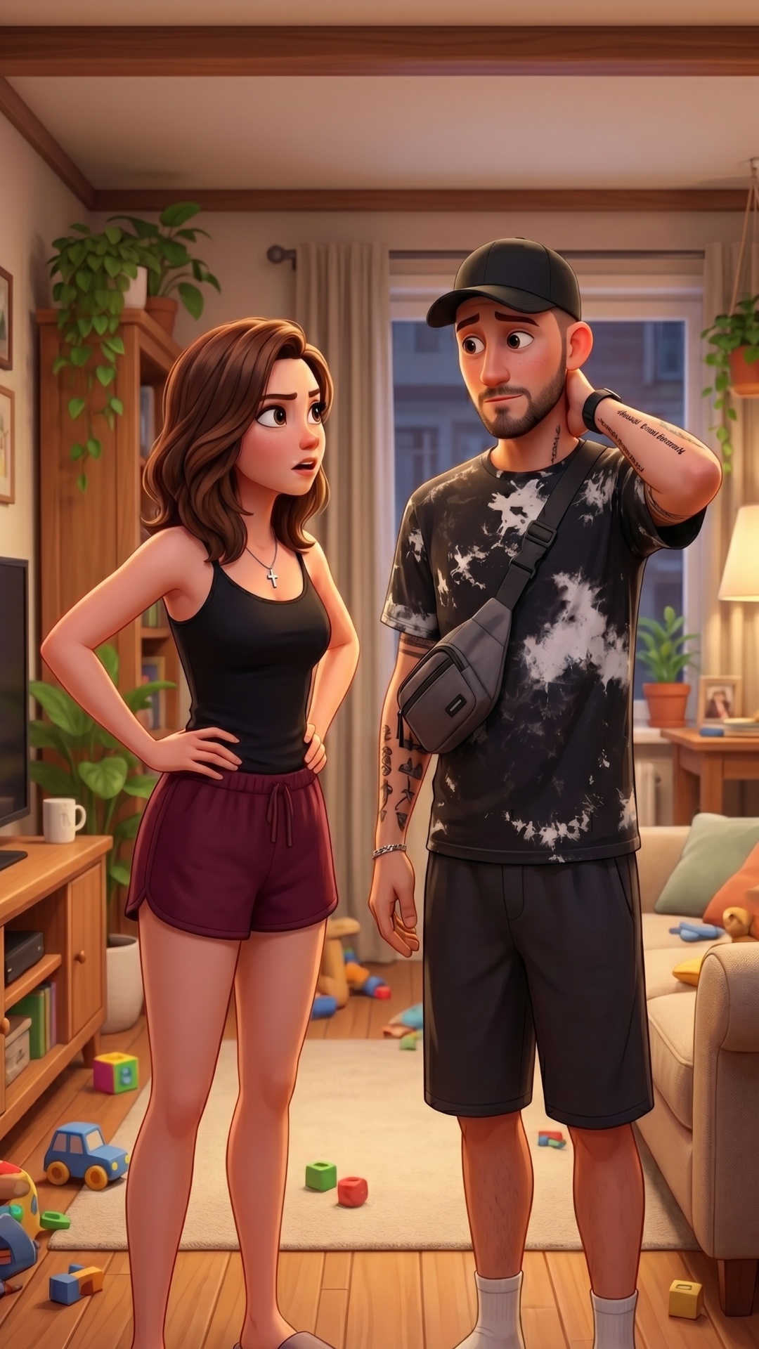Pixar-quality 3D animation, vertical 9:16, apartment living room, daytime, comedy-drama tone.

Ch...
