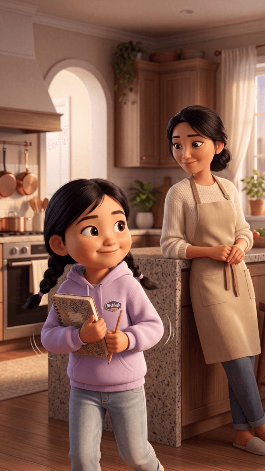 Pixar-style 3D animation, upscale kitchen, warm daylight. Kyrgyz girl ~10 (black braids, lavender...