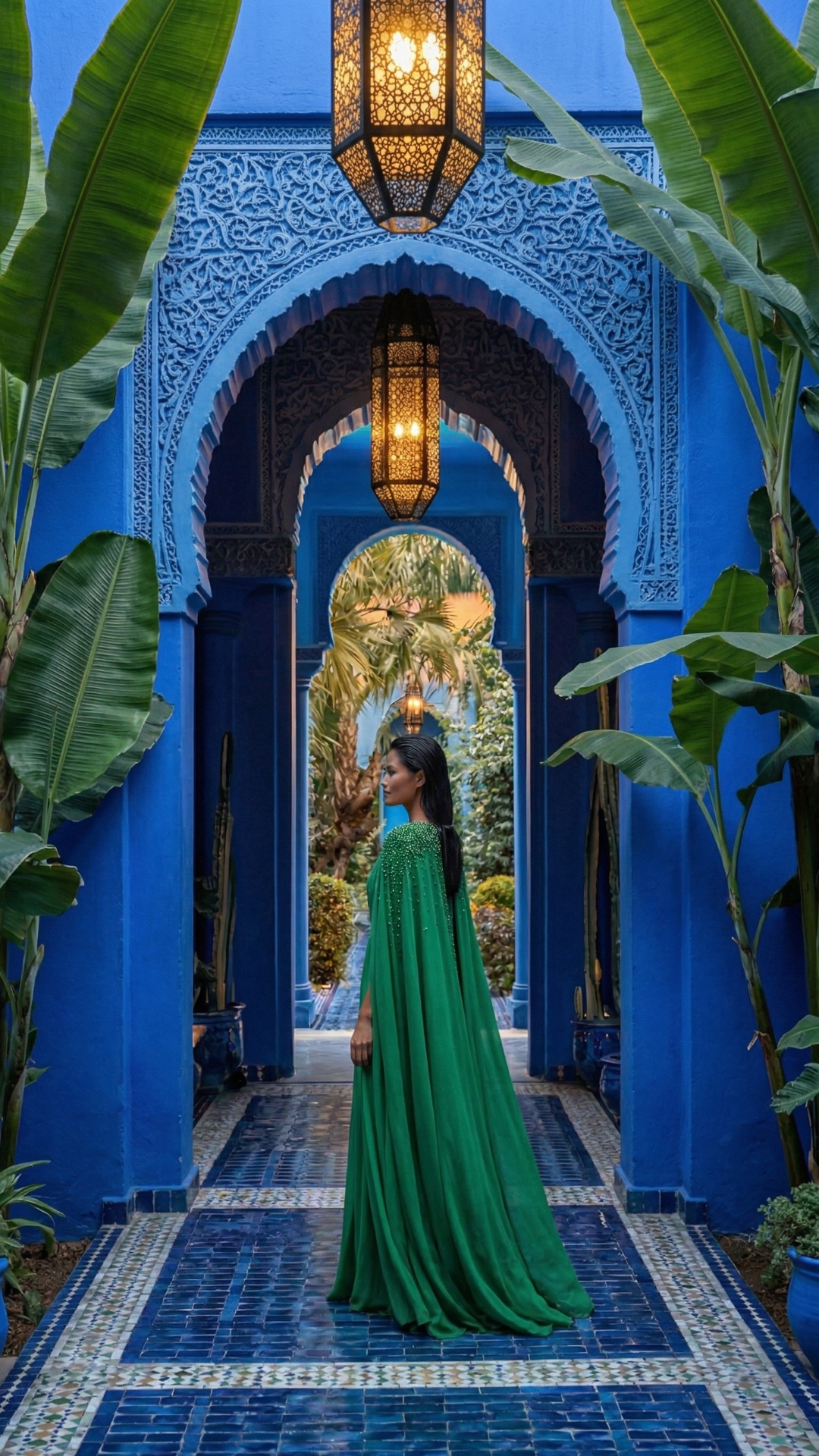 she is walking straight in the depth of arch
