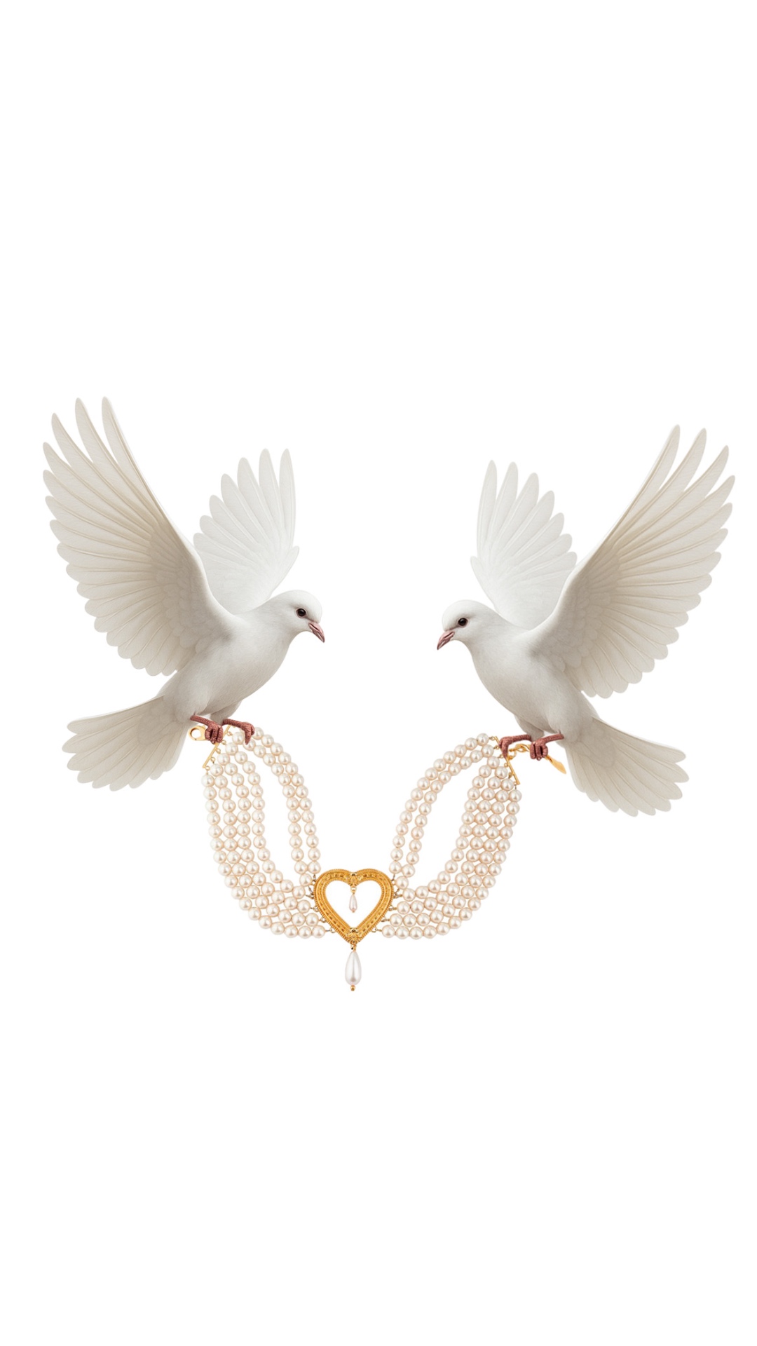 Subject: Two decorative white doves with a pearl necklace and golden heart pendant  
Context: Sof...