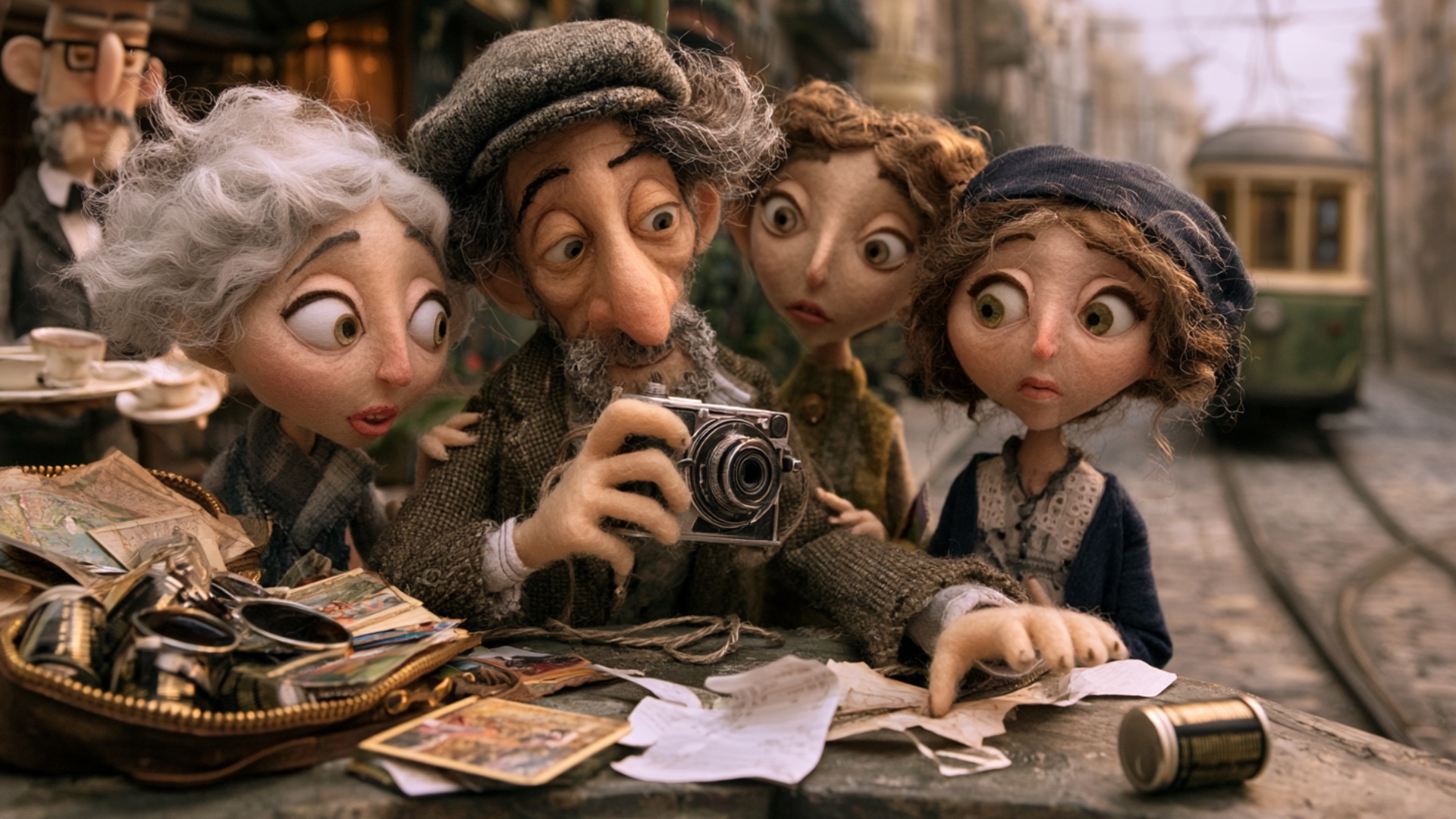 The elderly man keeps the vintage camera steady in both hands and carefully turns one small contr...