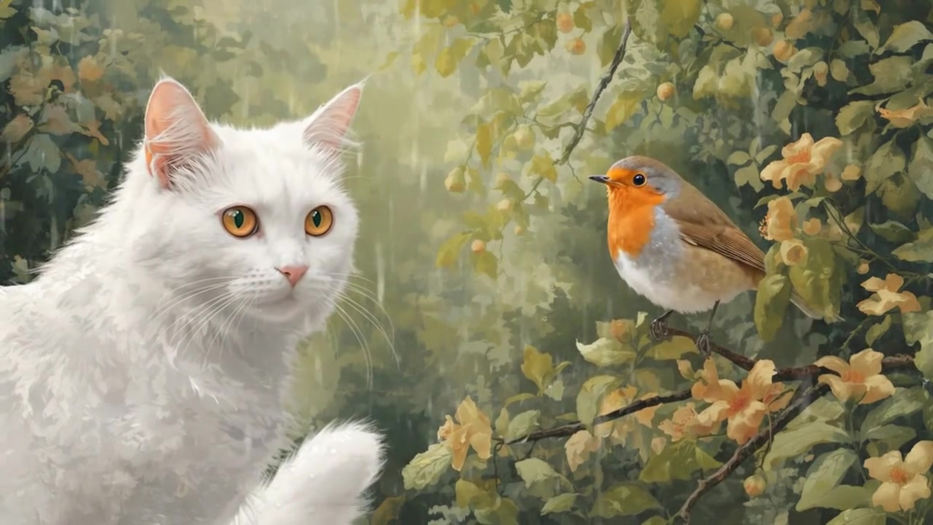 This cat turns head to the bird and put the tail down. There is no music, only the sound of the r...