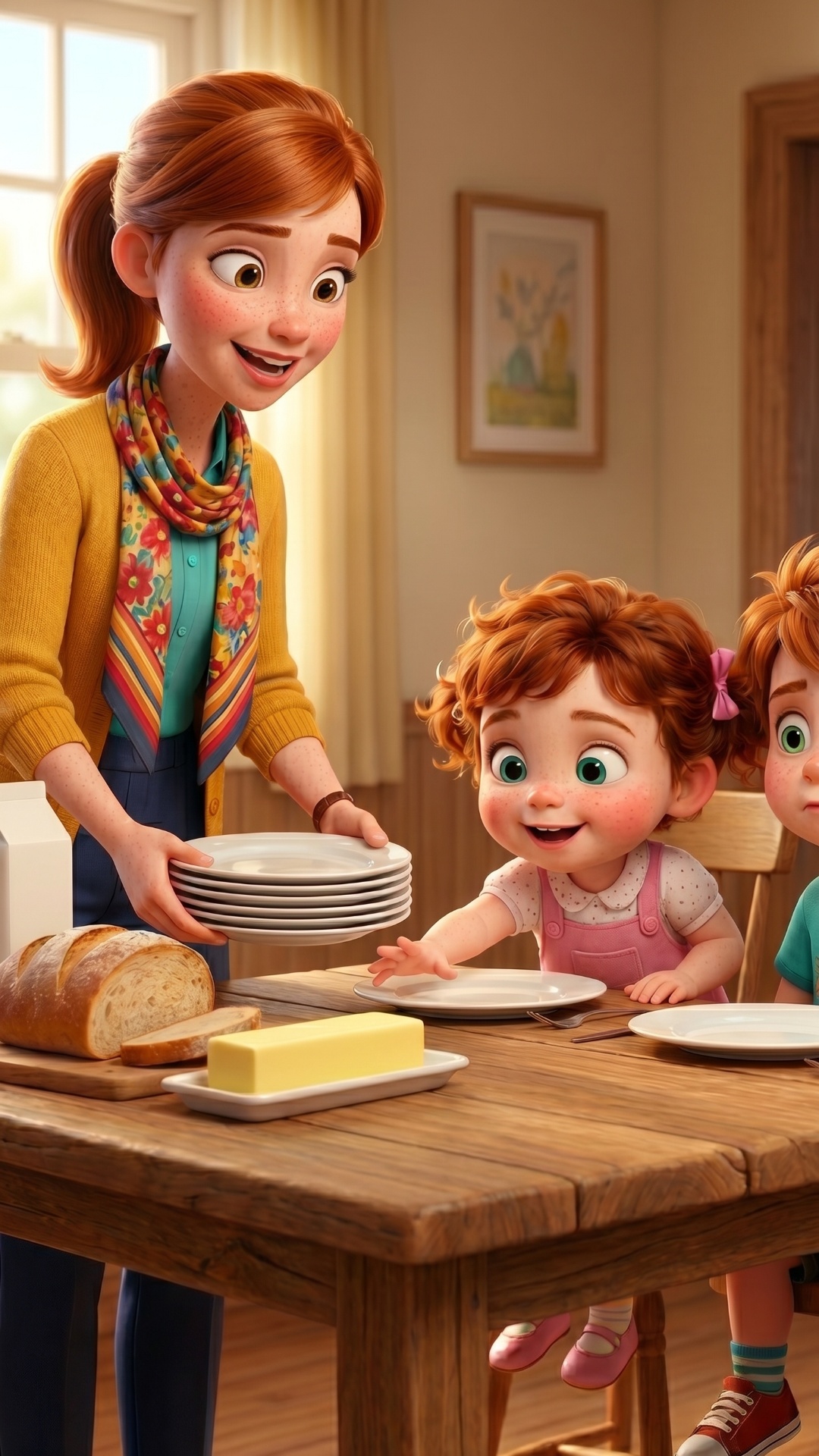 Cinematic Pixar-style animation, medium shot of the kitchen table. The scene works as a strict se...