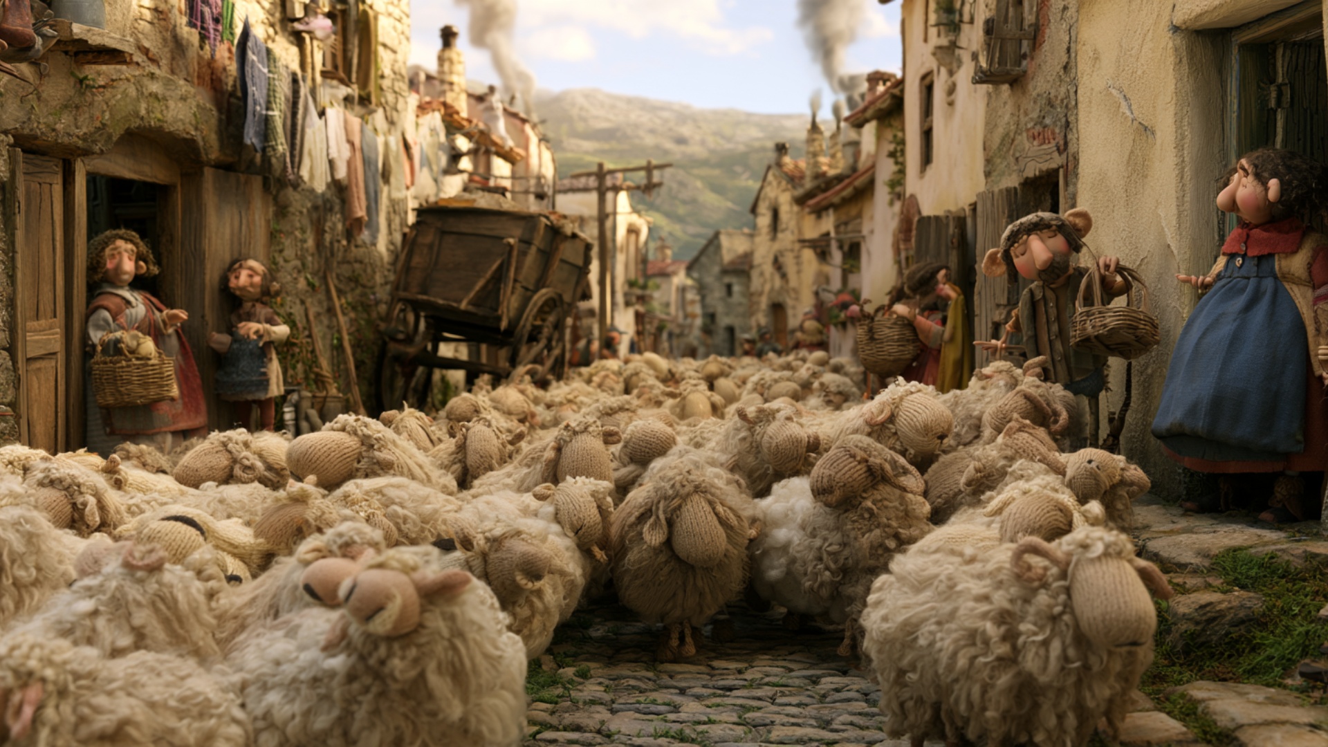The front sheep move past the camera position while the dense flock behind continues flowing down...