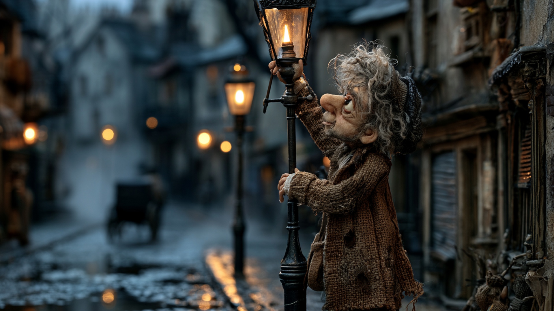 The lamplighter steadies the existing long lighting pole and carefully raises its tip into the op...