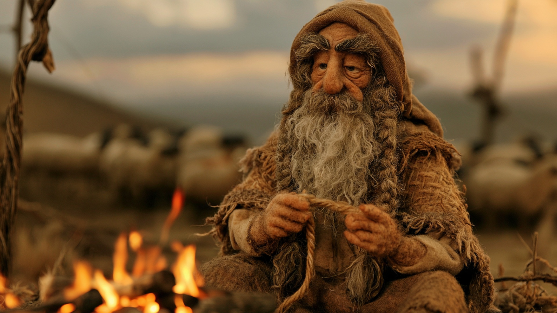 His fingers twist and braid the wool cord in a steady rhythm, campfire flames flickering and cast...