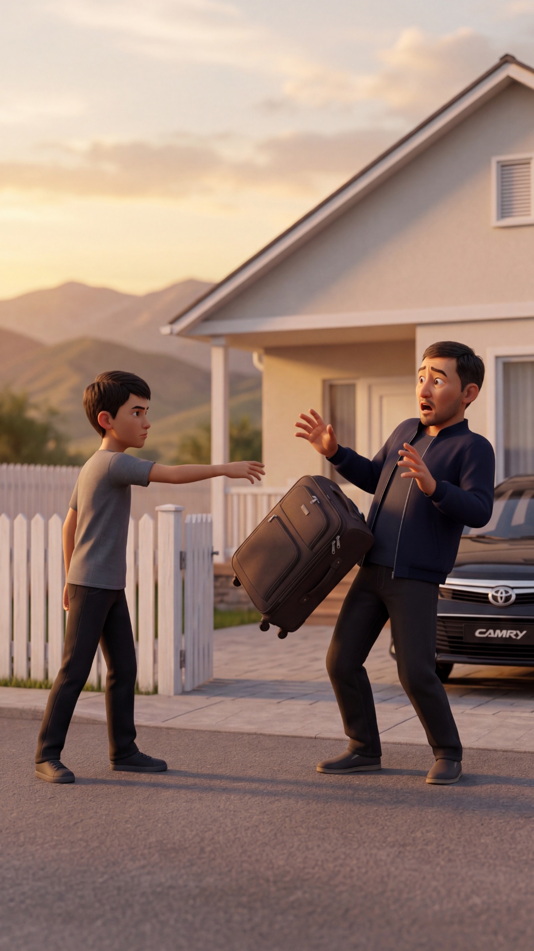Cinematic video, continuation of the scene outside the house in Kyrgyzstan.

Warm evening light...