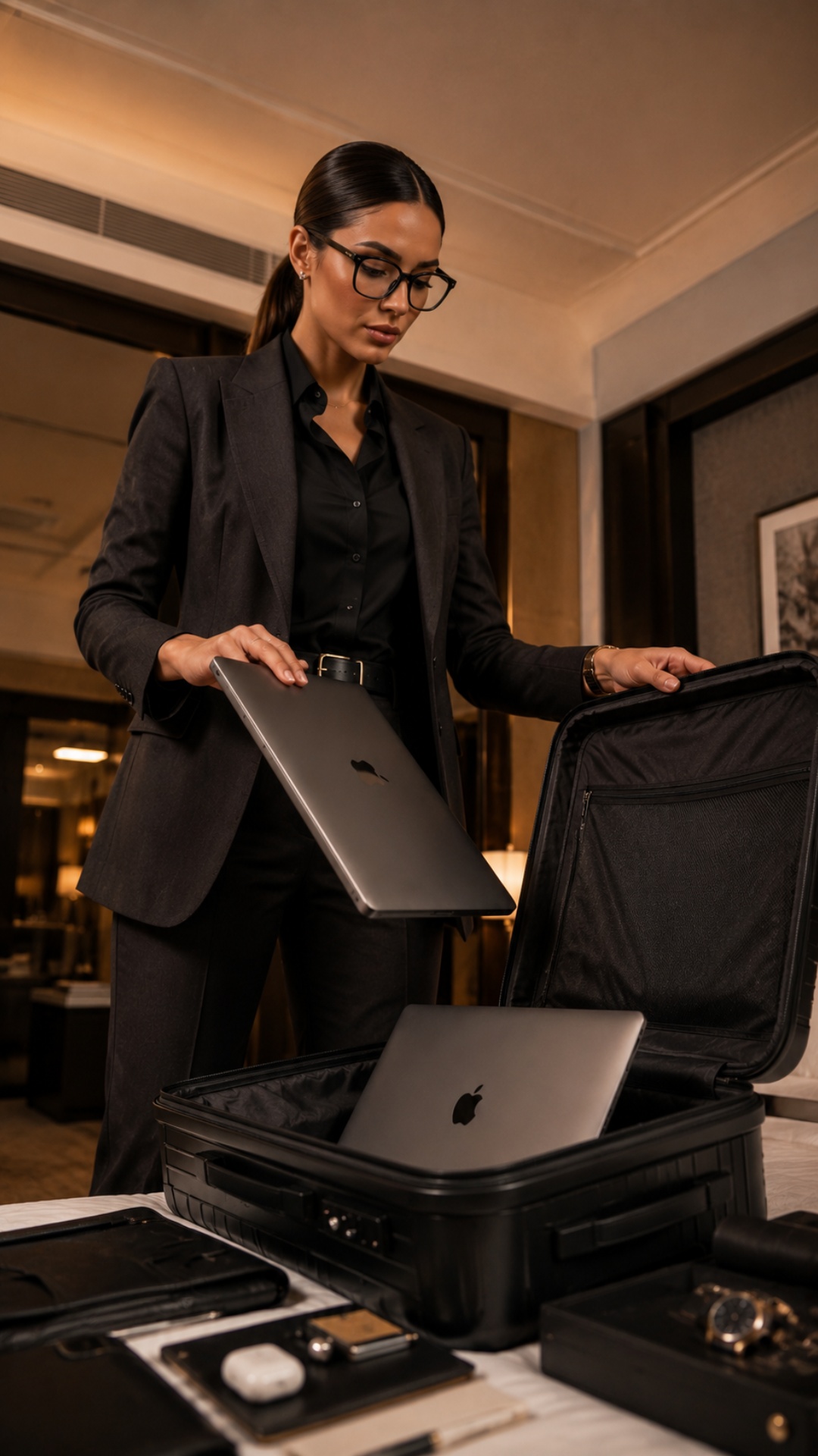 She carefully places a second laptop into the suitcase and checks that both laptops fit securely....
