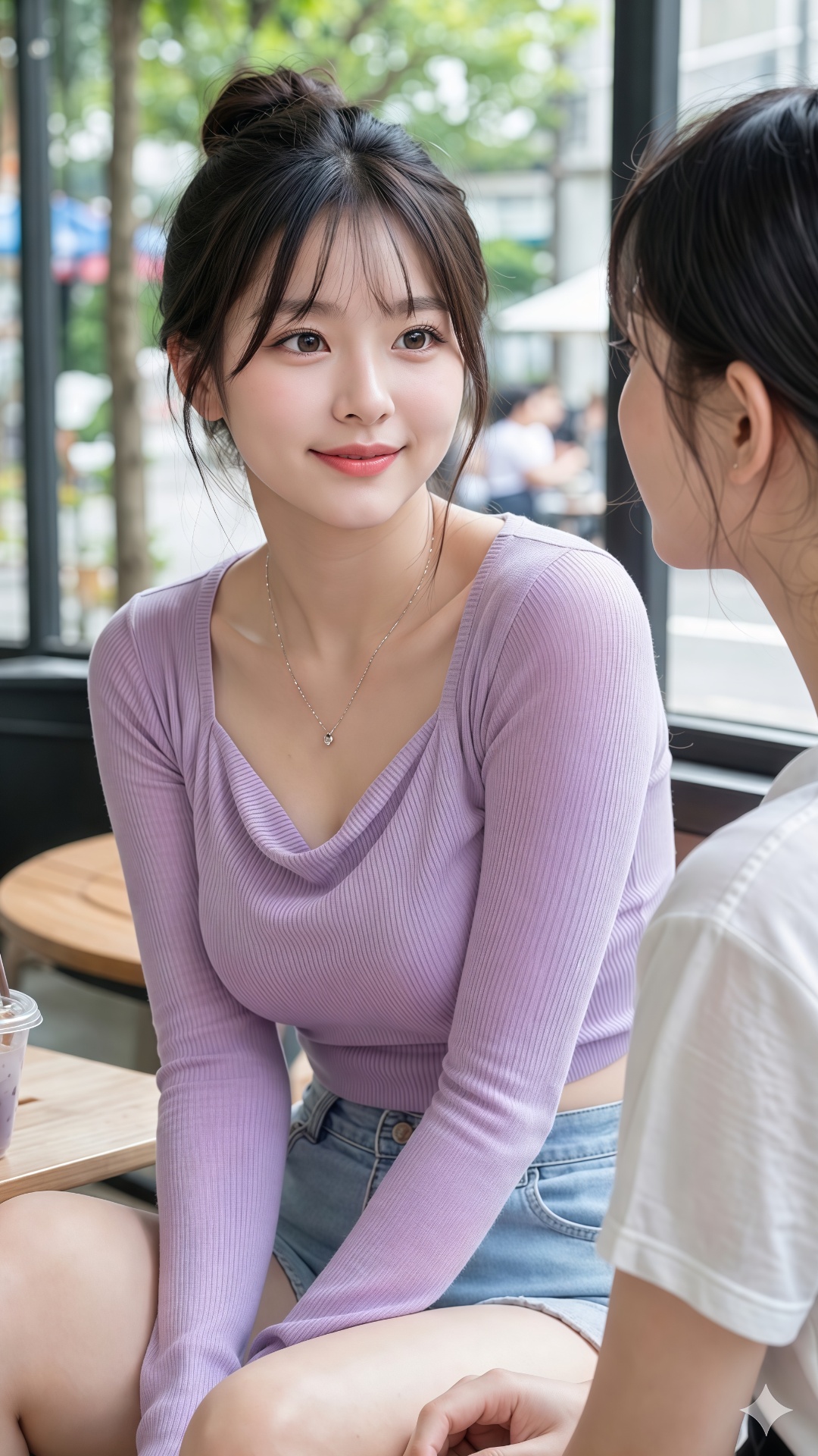 오른쪽의 흰옷 입은 한국여자가 한국어로 시끄럽게 말한다
"야, 너, 왜 그렇게 고지식하니?"
"얼굴하고 완전 딴판이다!"

왼쪽 보라색 여자가 코믹하게 말한다
"먼 개소리야?...