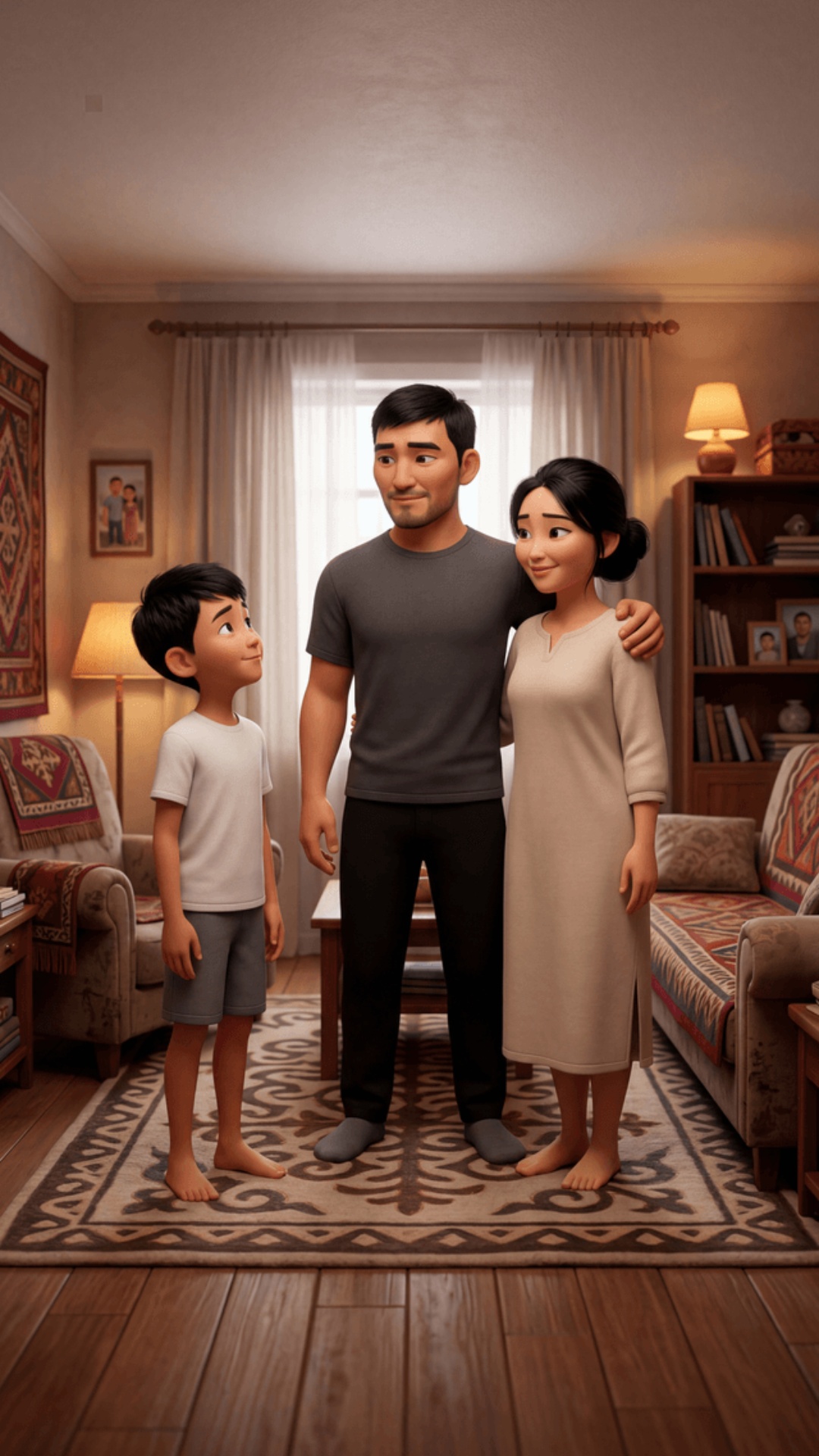 SCENE 6 — Support (15–18s)

Background: father stands protectively beside mother.

Boy in for...